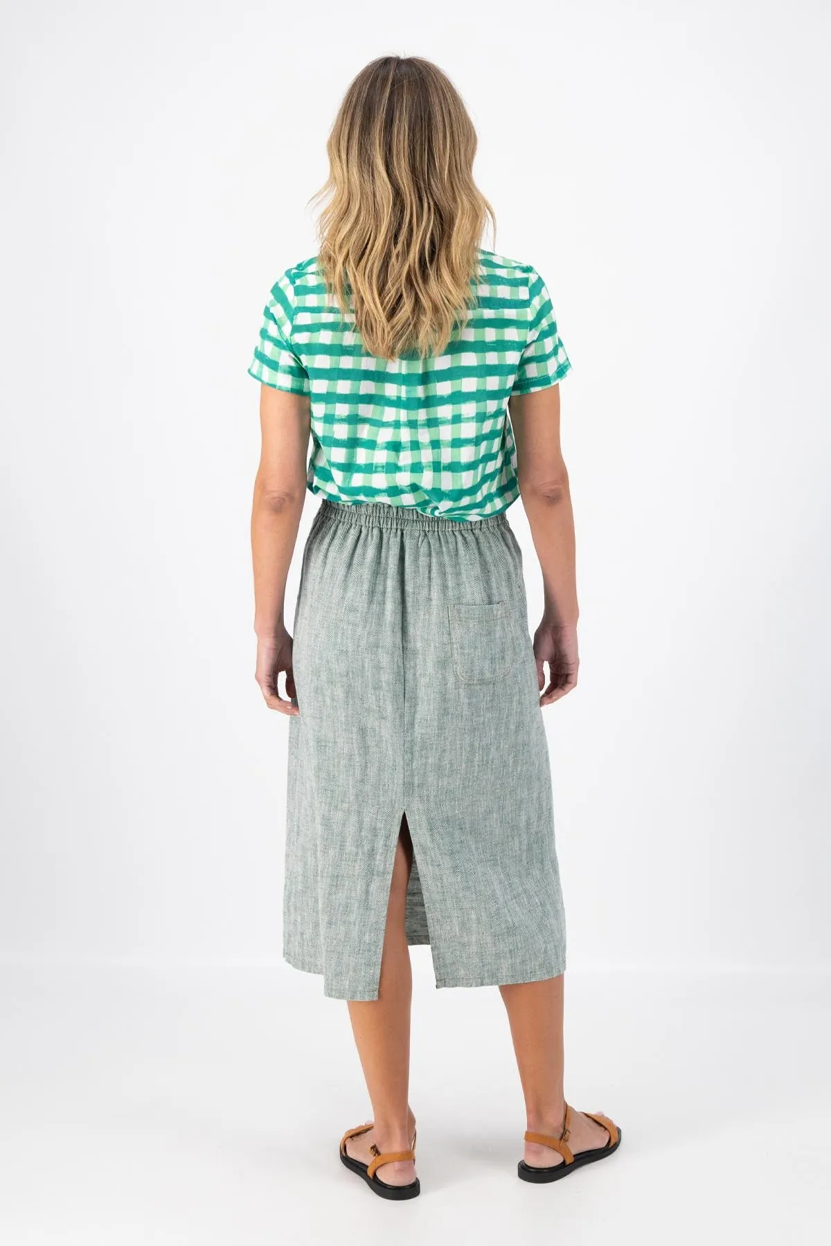 Hepburn Panorama Skirt Green in Herringbone Linen