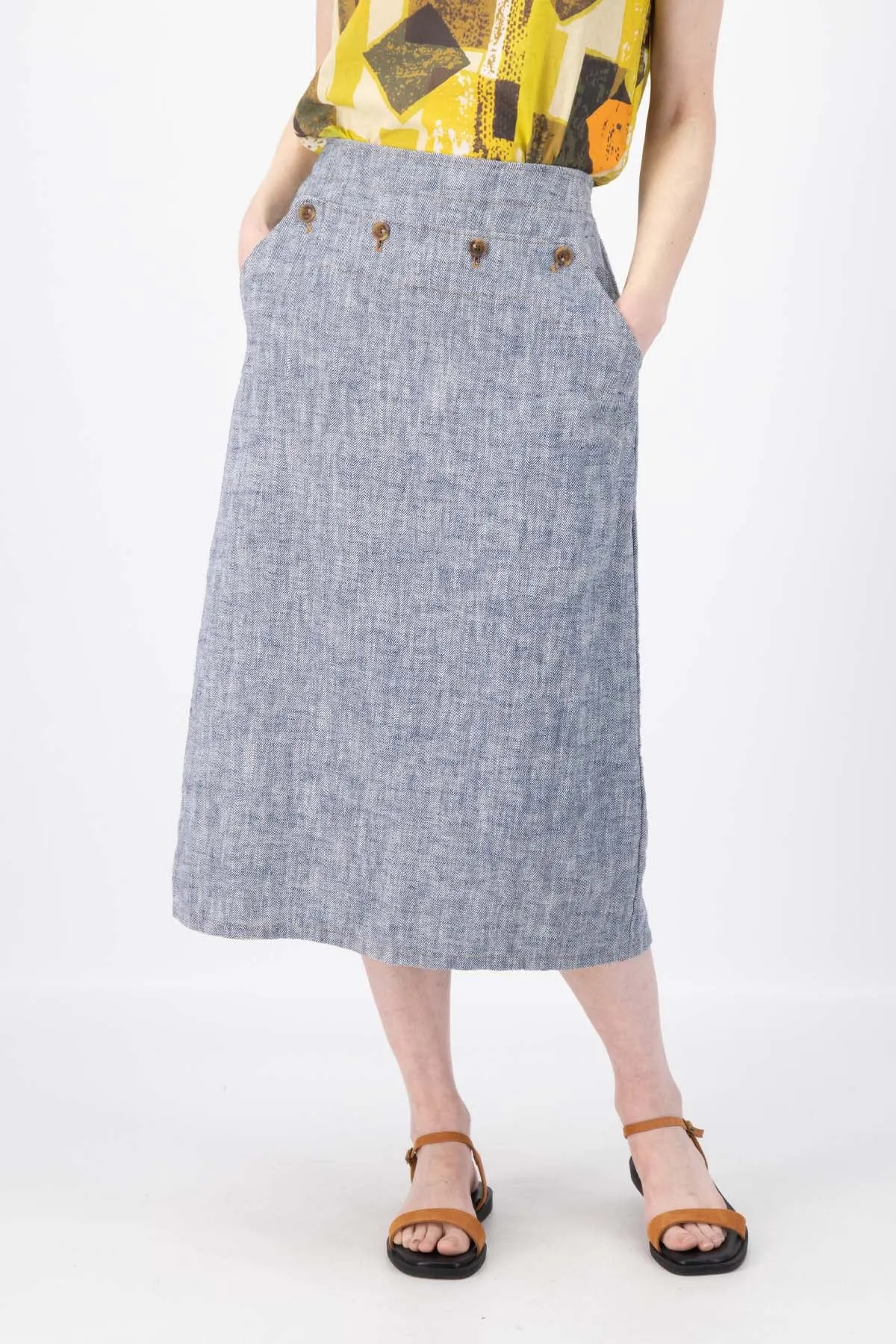 Hepburn Panorama Skirt Navy in Herringbone Linen