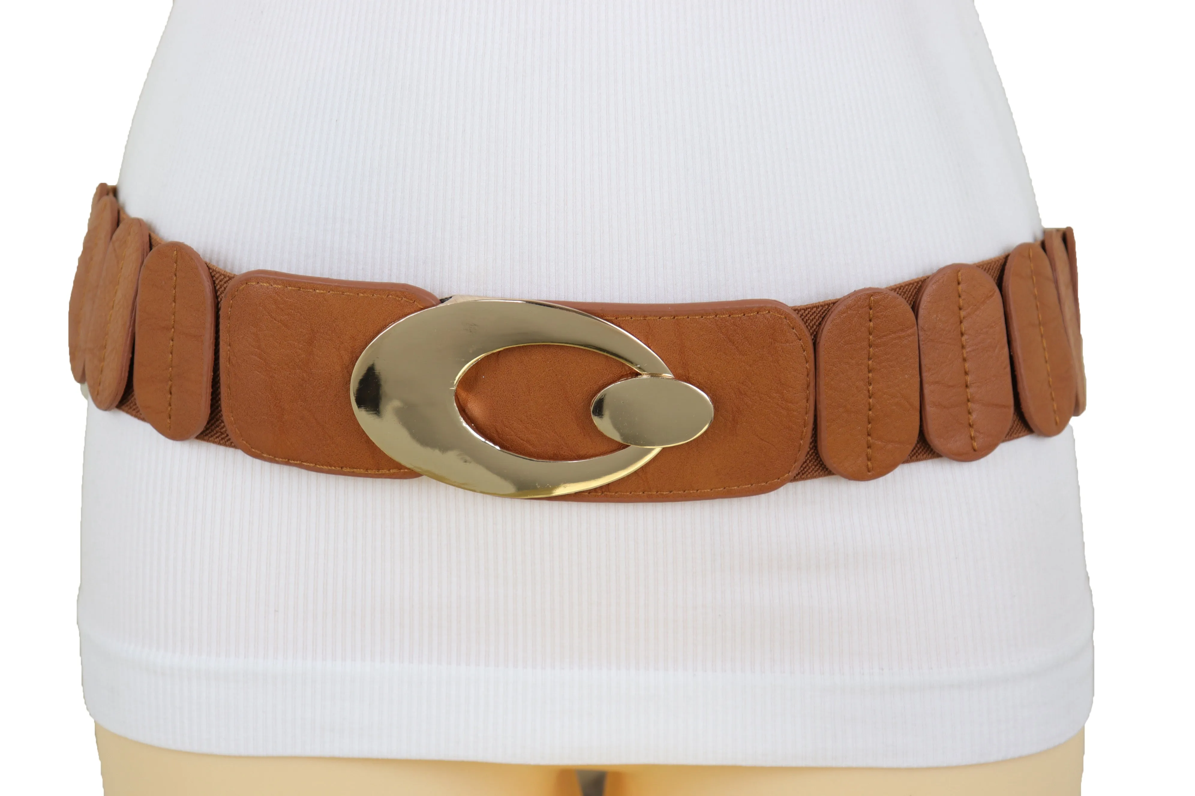 High Waist Hip Stretch Brown Faux Leather Belt Gold Metal Oval Buckle S M