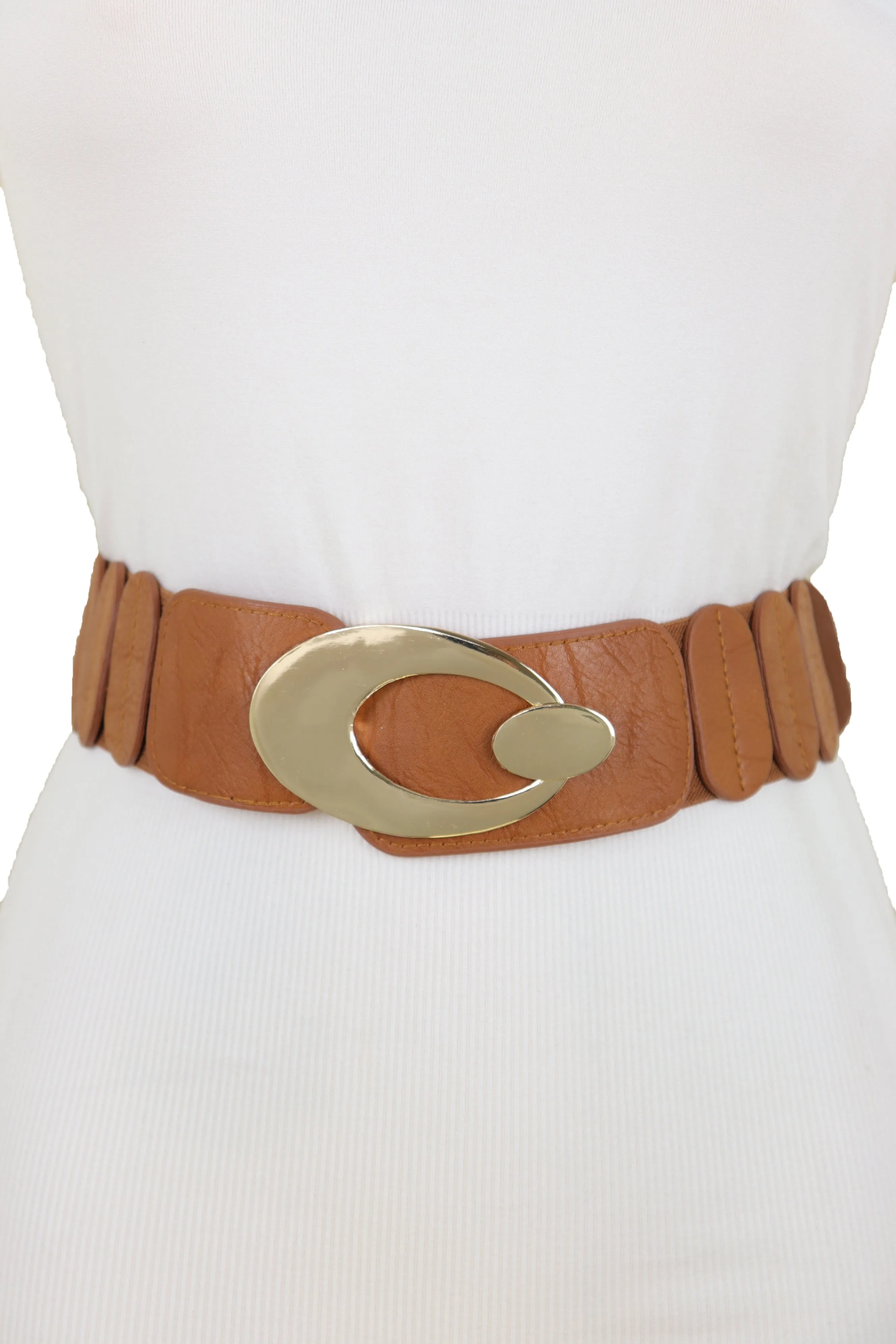 High Waist Hip Stretch Brown Faux Leather Belt Gold Metal Oval Buckle S M