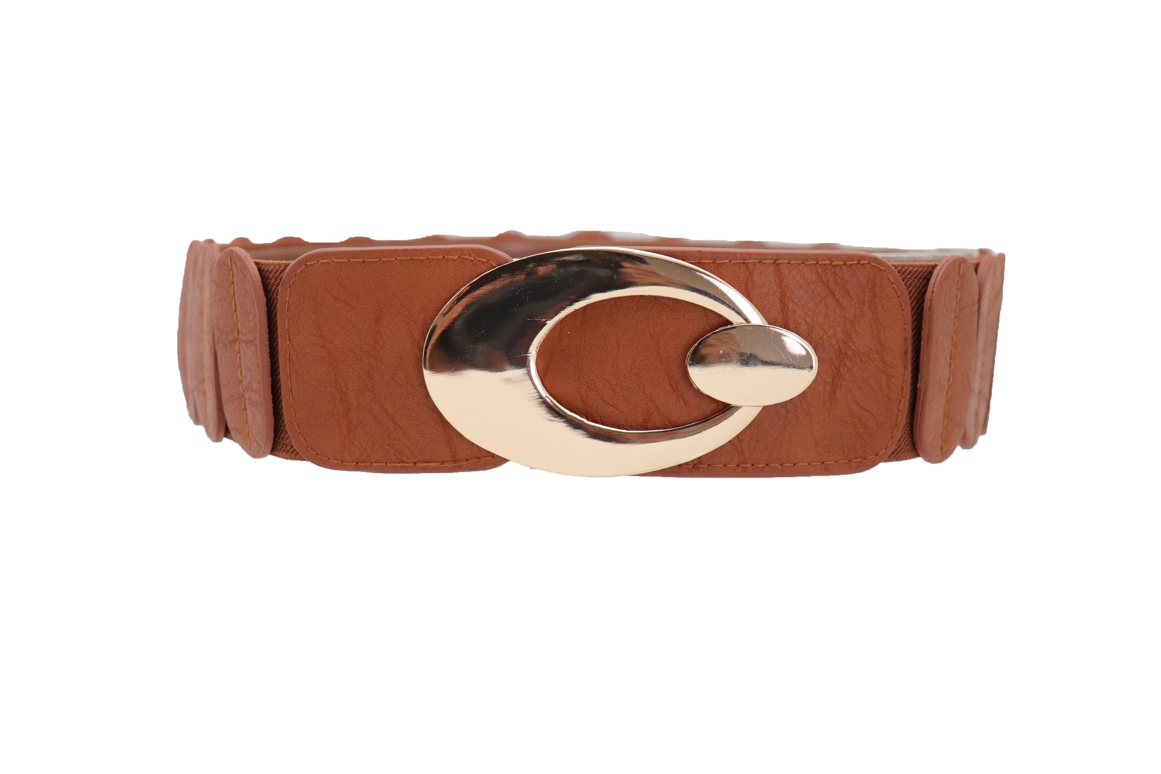 High Waist Hip Stretch Brown Faux Leather Belt Gold Metal Oval Buckle S M