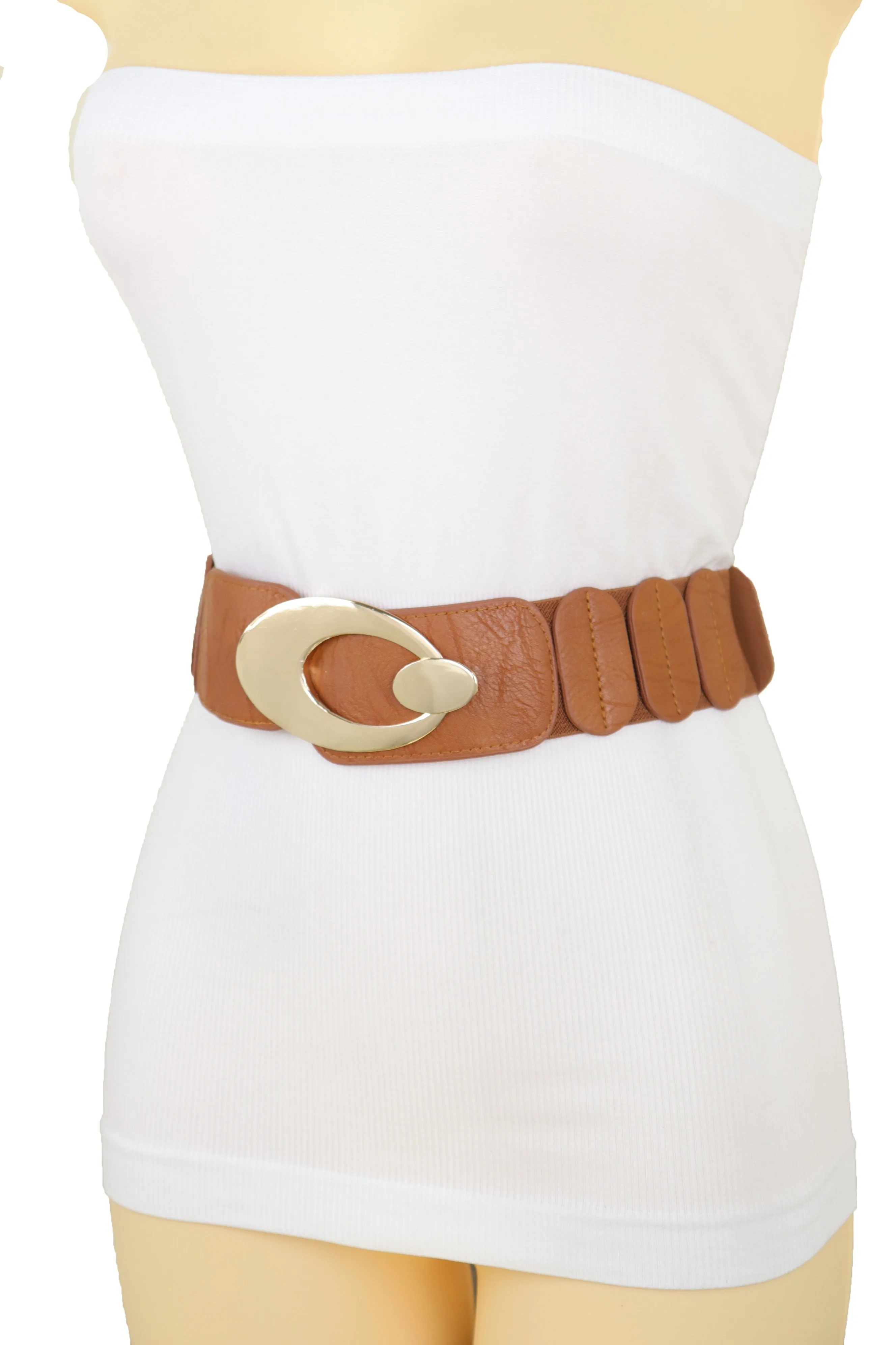 High Waist Hip Stretch Brown Faux Leather Belt Gold Metal Oval Buckle S M