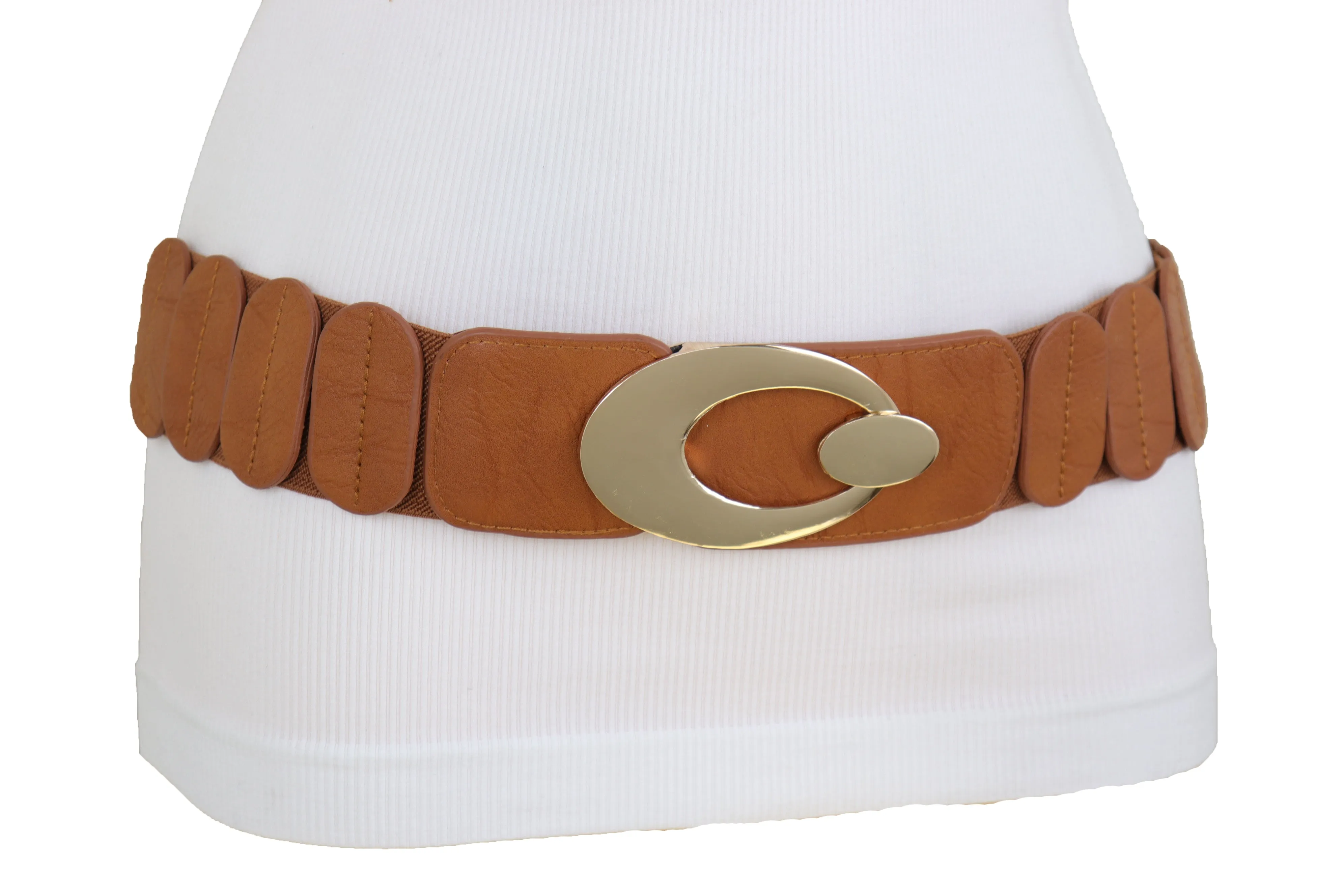 High Waist Hip Stretch Brown Faux Leather Belt Gold Metal Oval Buckle S M