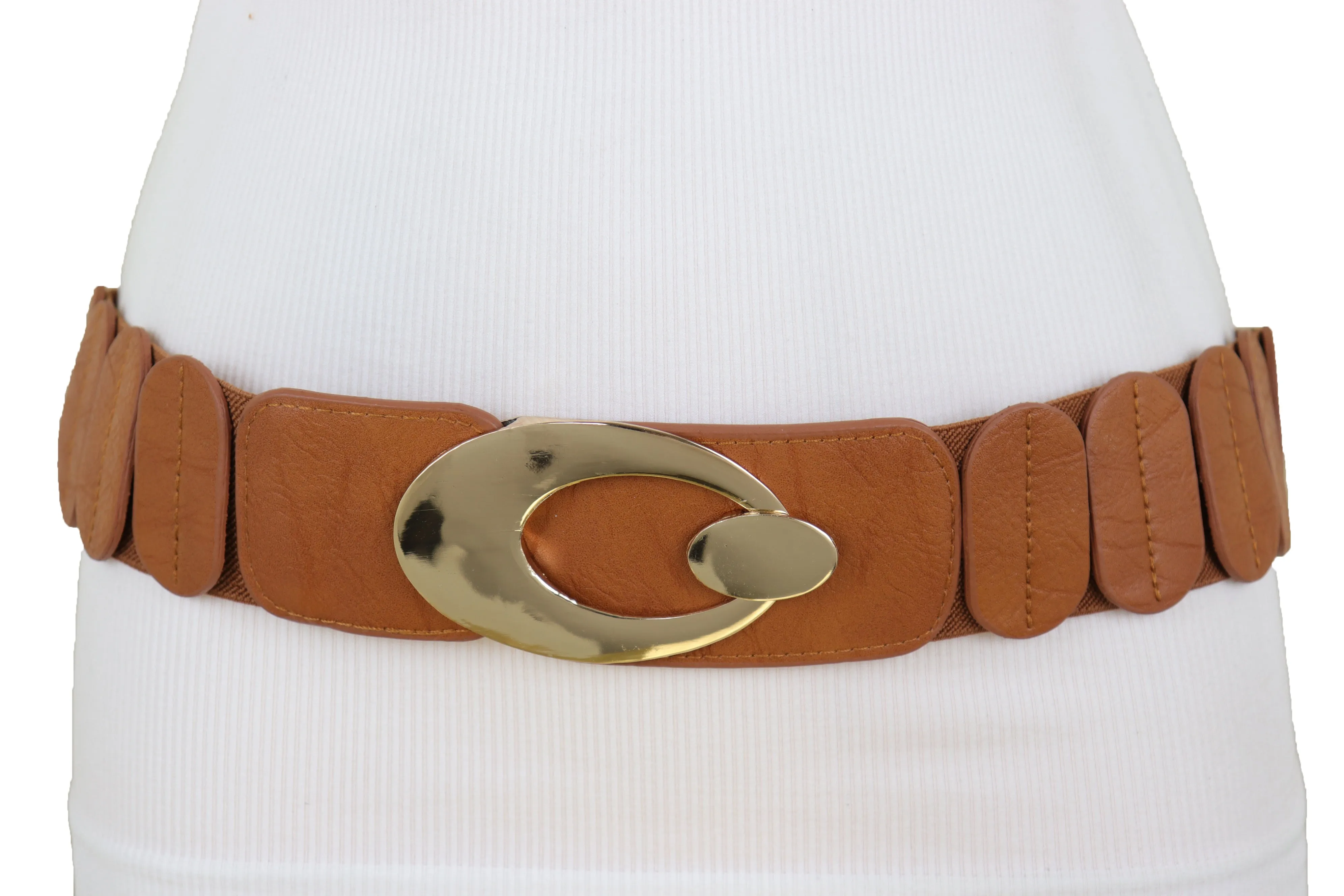 High Waist Hip Stretch Brown Faux Leather Belt Gold Metal Oval Buckle S M