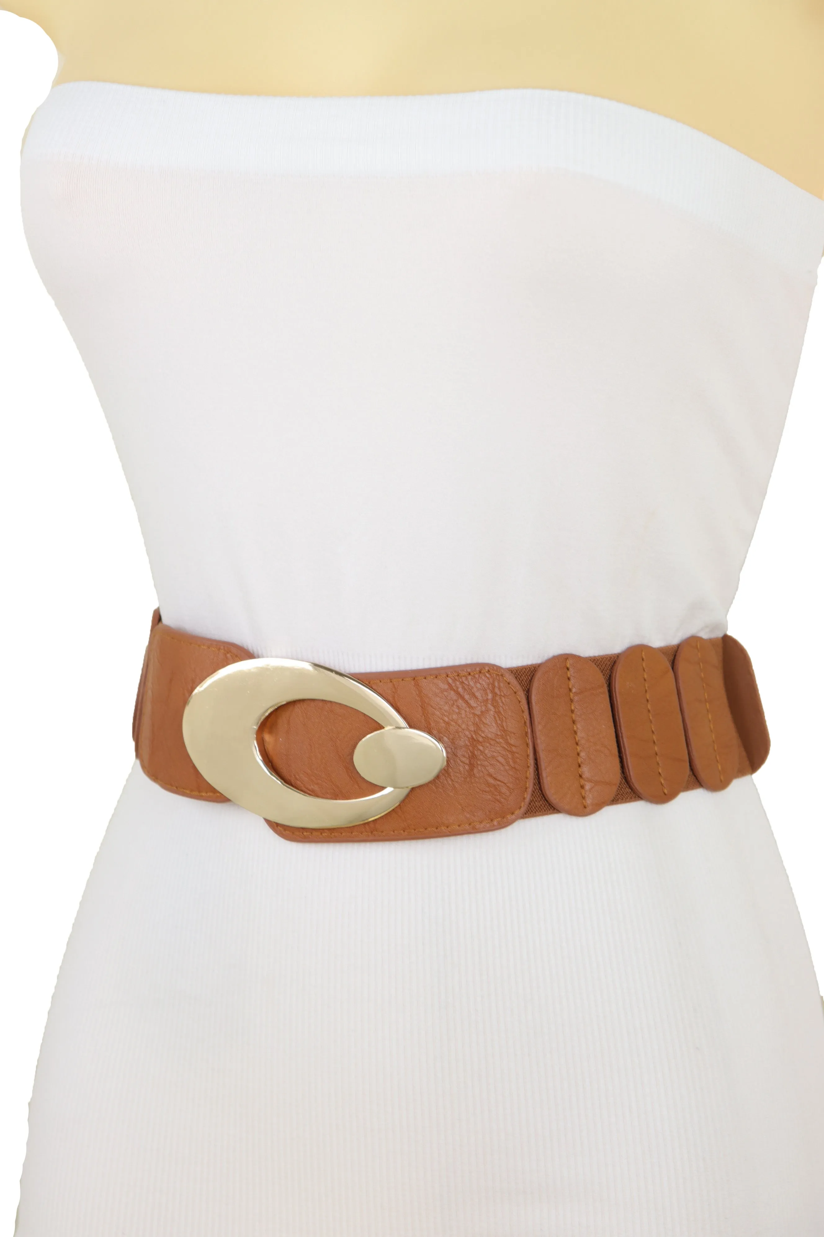 High Waist Hip Stretch Brown Faux Leather Belt Gold Metal Oval Buckle S M