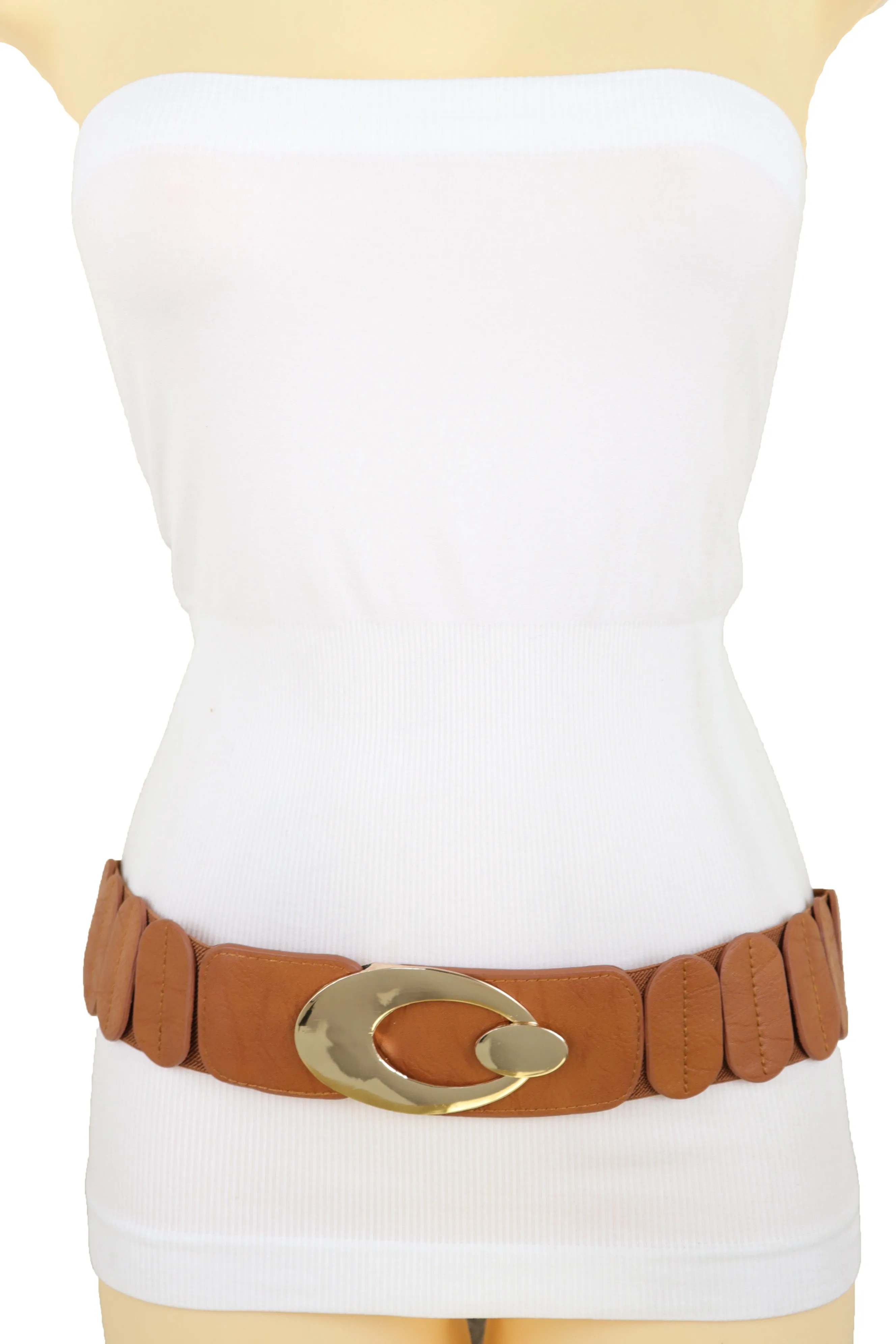 High Waist Hip Stretch Brown Faux Leather Belt Gold Metal Oval Buckle S M