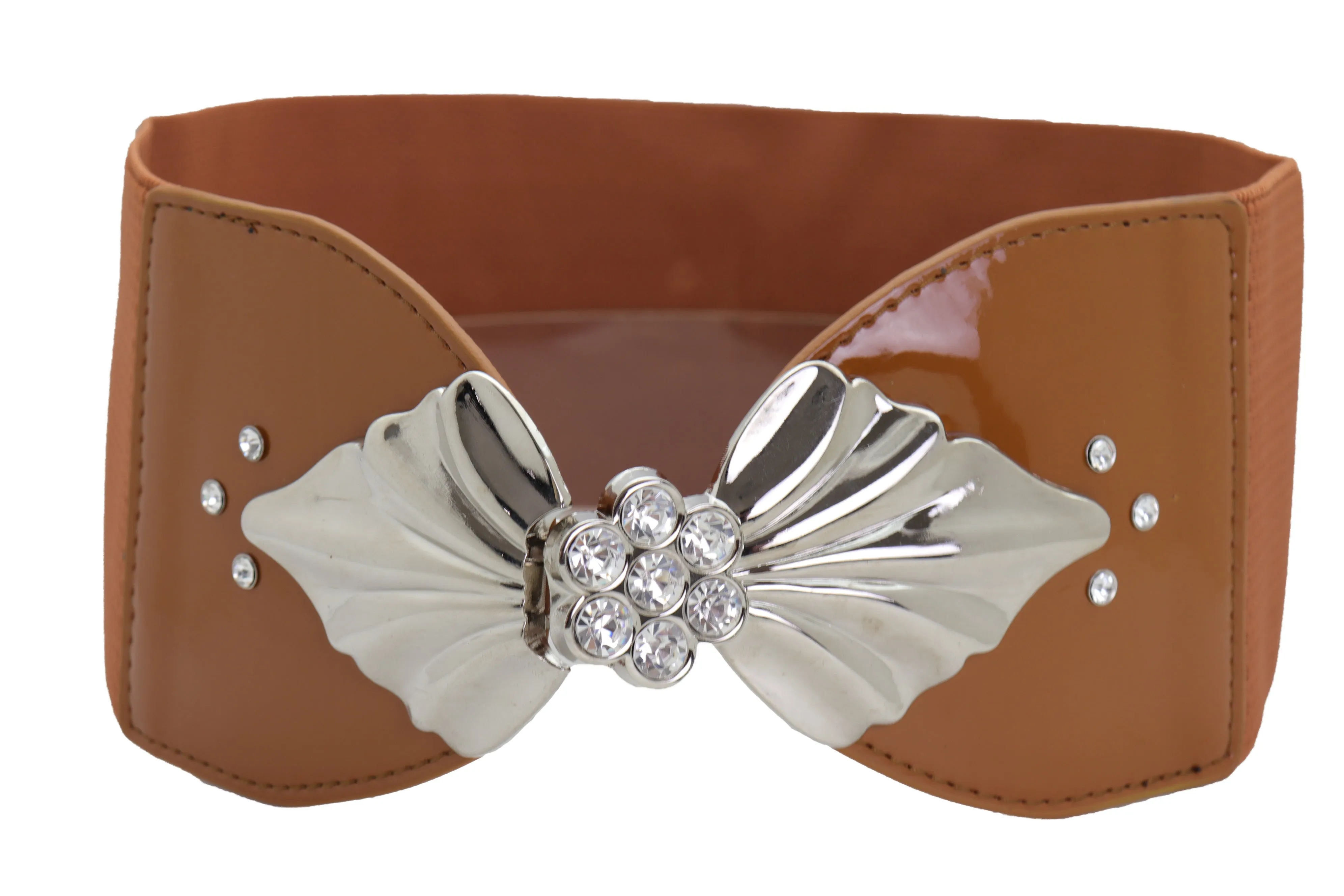 High Waist Hip Wide Elastic Brown Belt Silver Metal Leaf Buckle Size S M