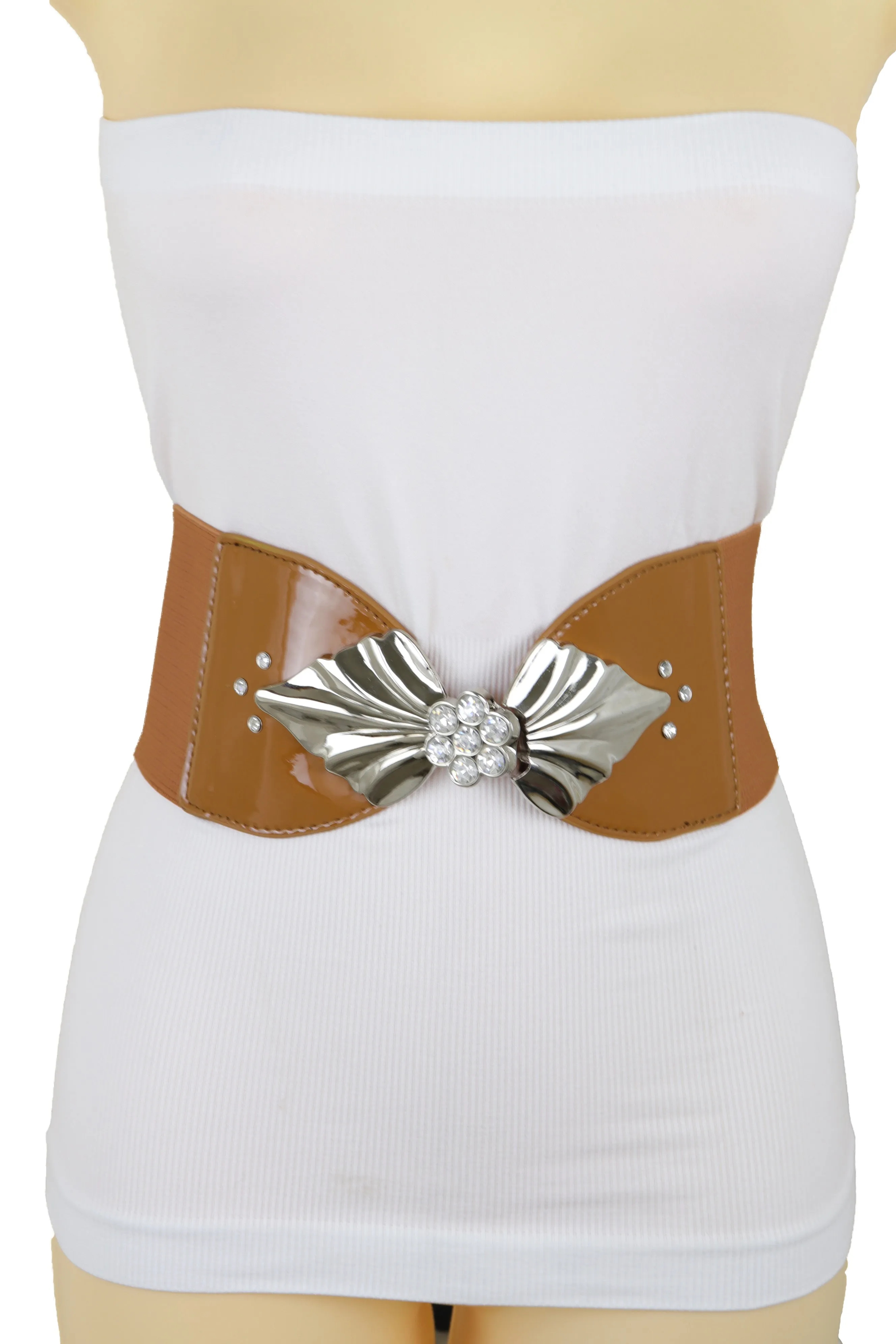 High Waist Hip Wide Elastic Brown Belt Silver Metal Leaf Buckle Size S M