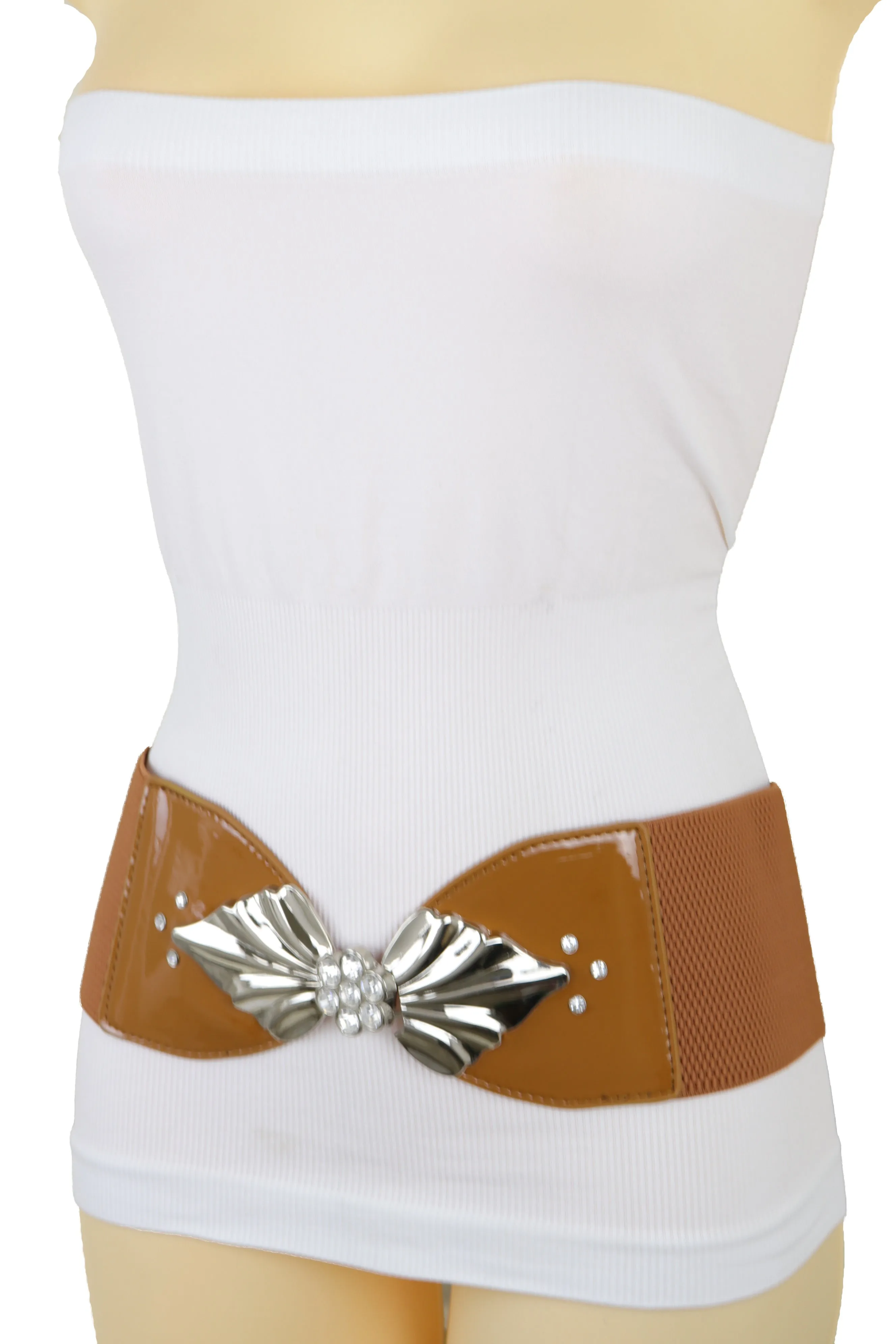 High Waist Hip Wide Elastic Brown Belt Silver Metal Leaf Buckle Size S M