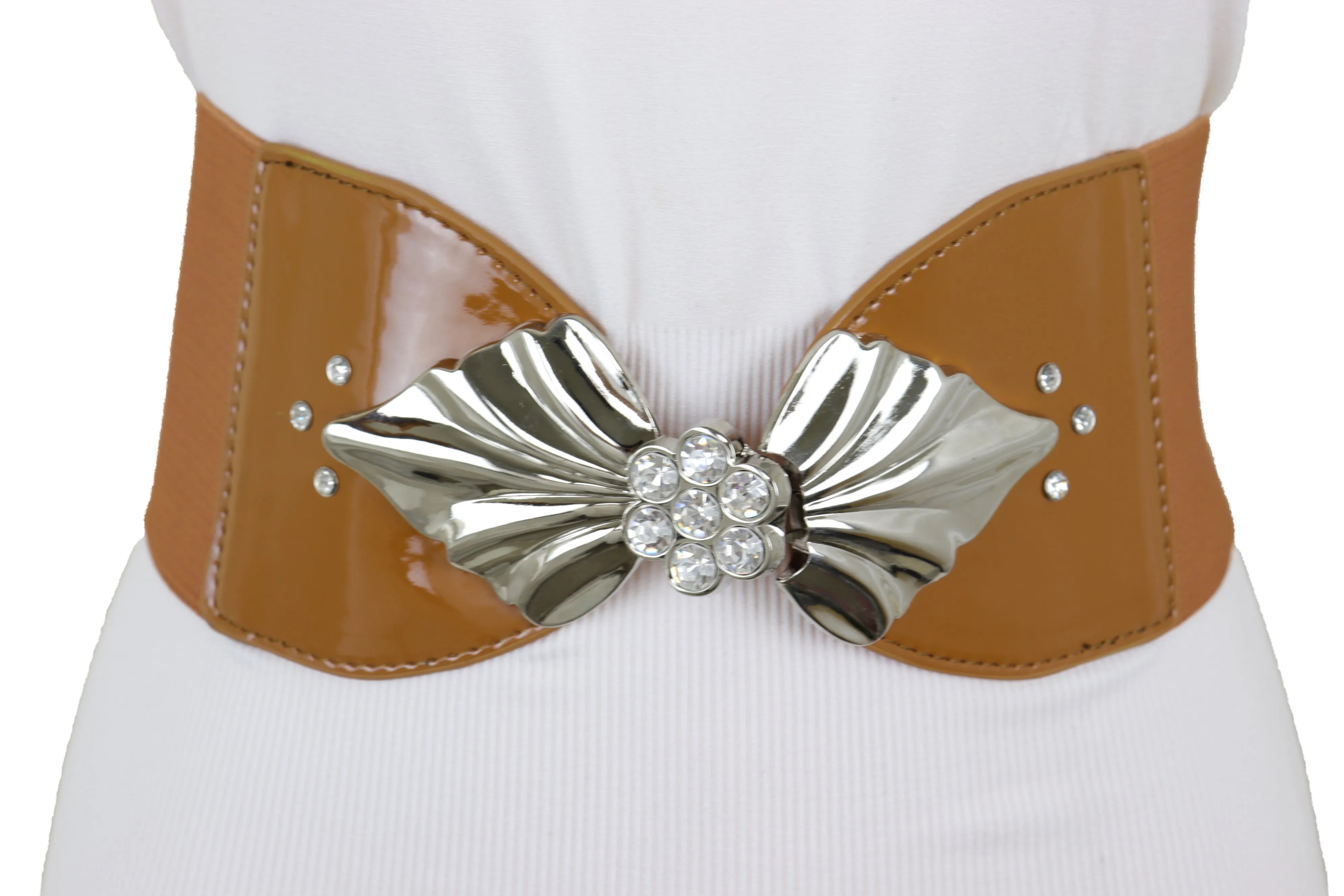 High Waist Hip Wide Elastic Brown Belt Silver Metal Leaf Buckle Size S M