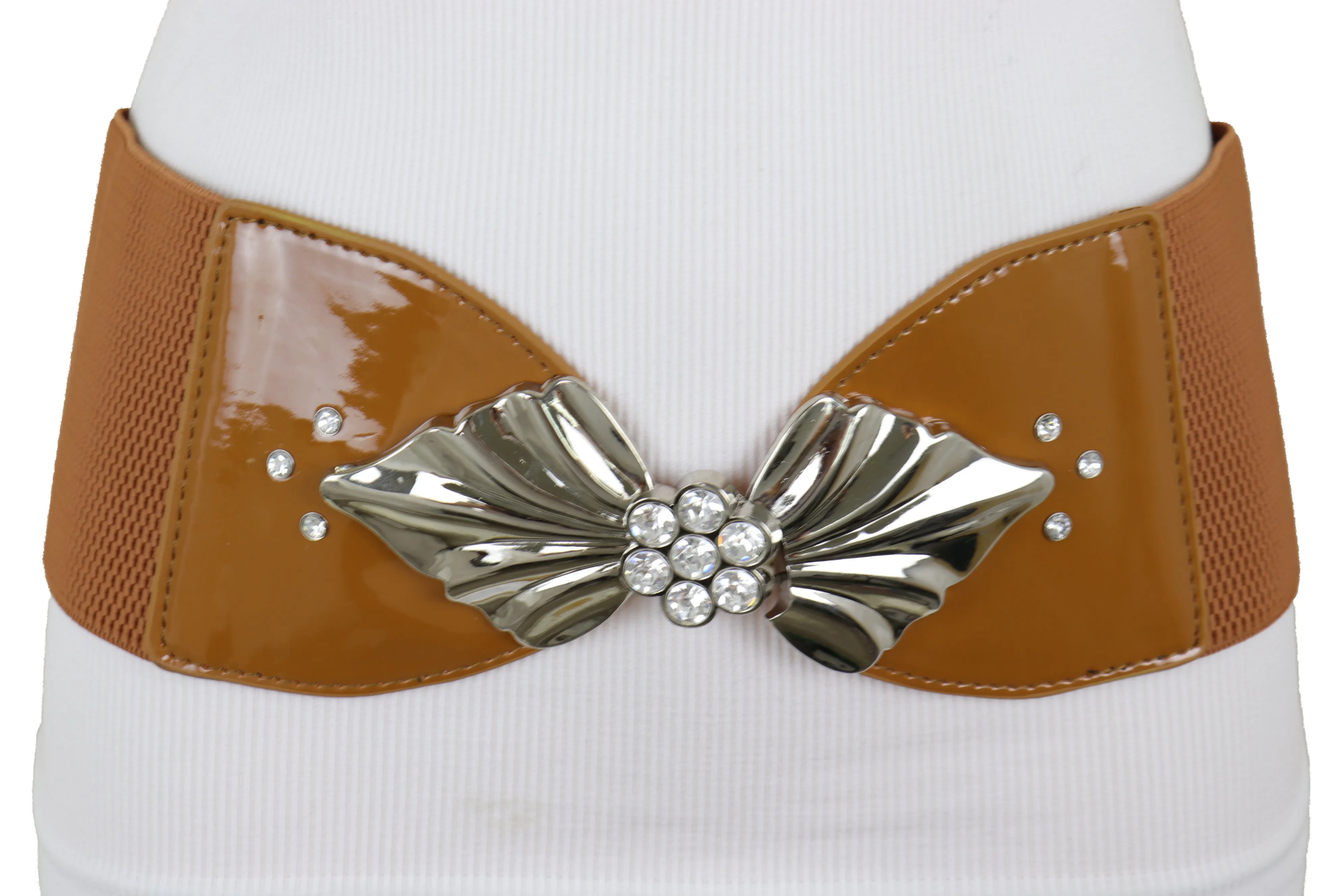 High Waist Hip Wide Elastic Brown Belt Silver Metal Leaf Buckle Size S M