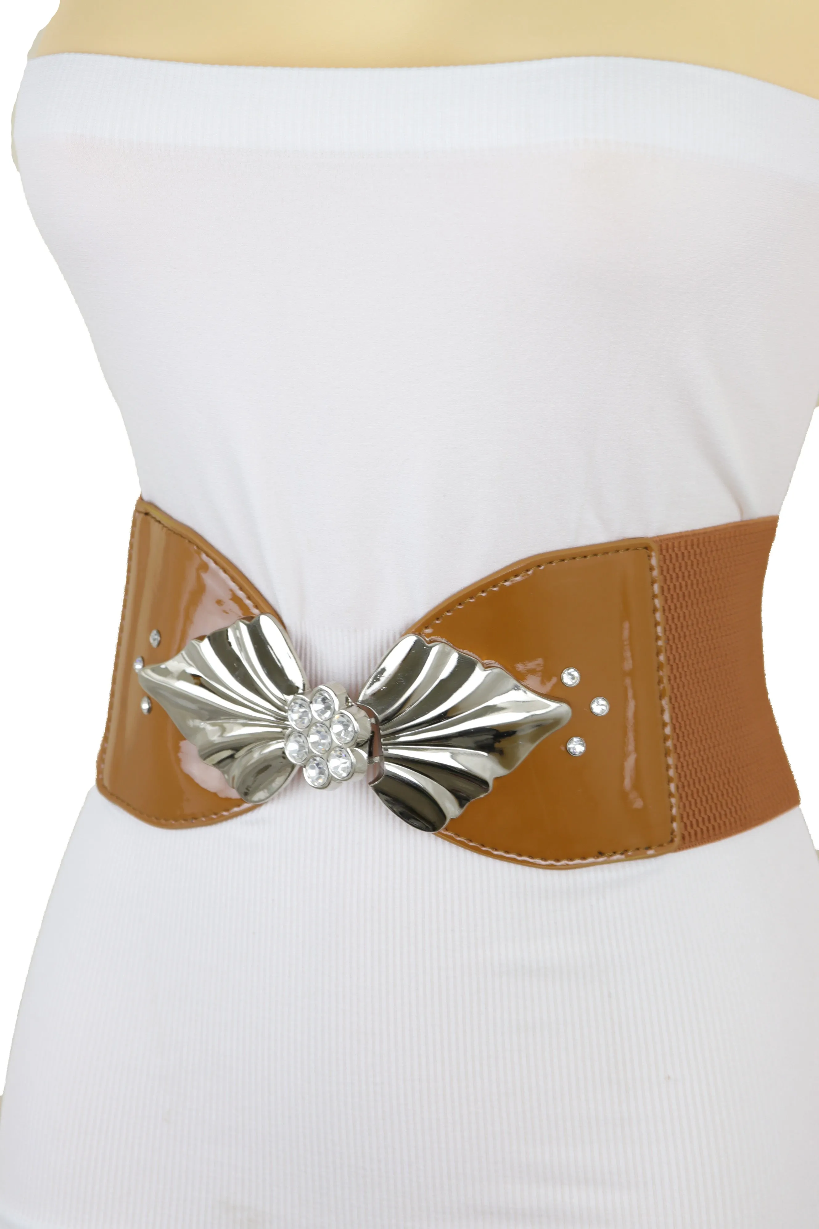 High Waist Hip Wide Elastic Brown Belt Silver Metal Leaf Buckle Size S M