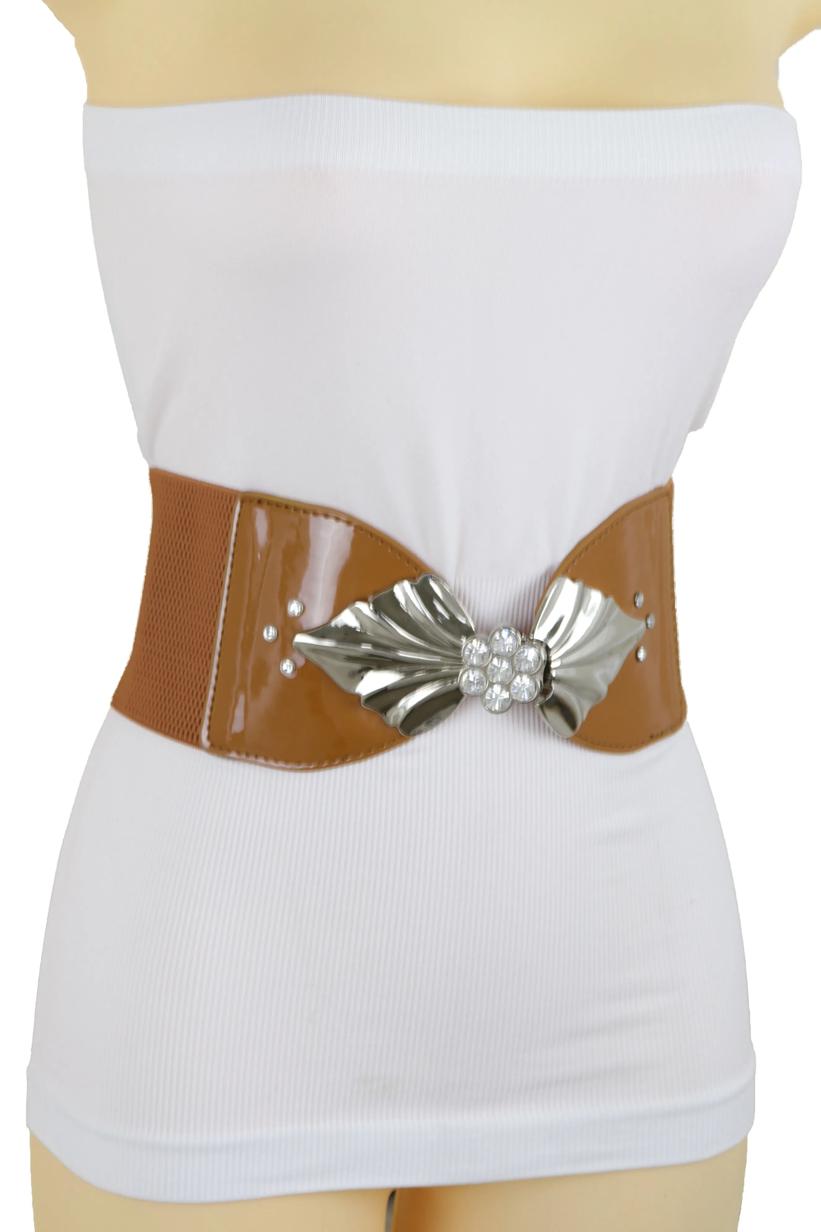 High Waist Hip Wide Elastic Brown Belt Silver Metal Leaf Buckle Size S M