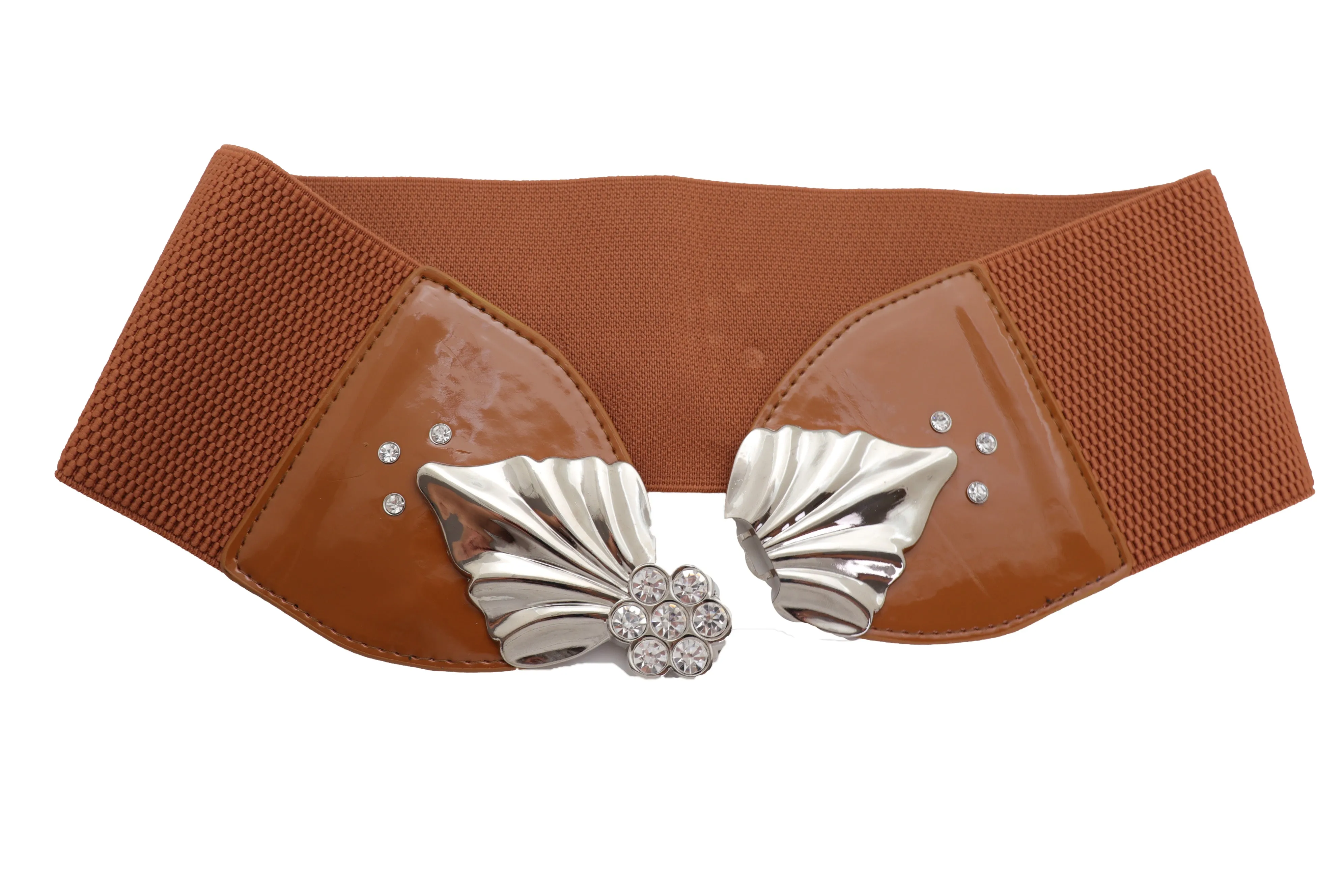 High Waist Hip Wide Elastic Brown Belt Silver Metal Leaf Buckle Size S M