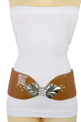 High Waist Hip Wide Elastic Brown Belt Silver Metal Leaf Buckle Size S M