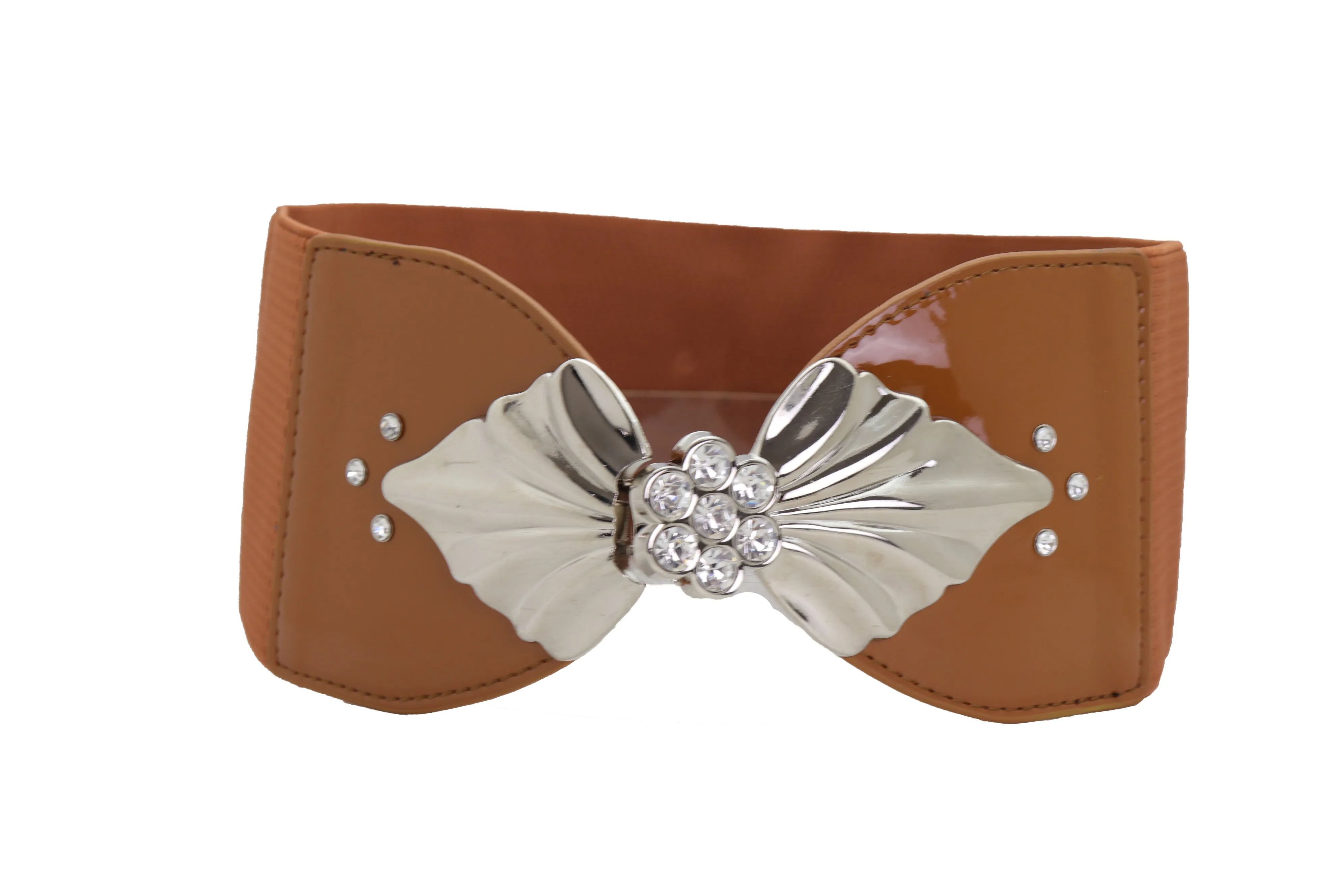 High Waist Hip Wide Elastic Brown Belt Silver Metal Leaf Buckle Size S M