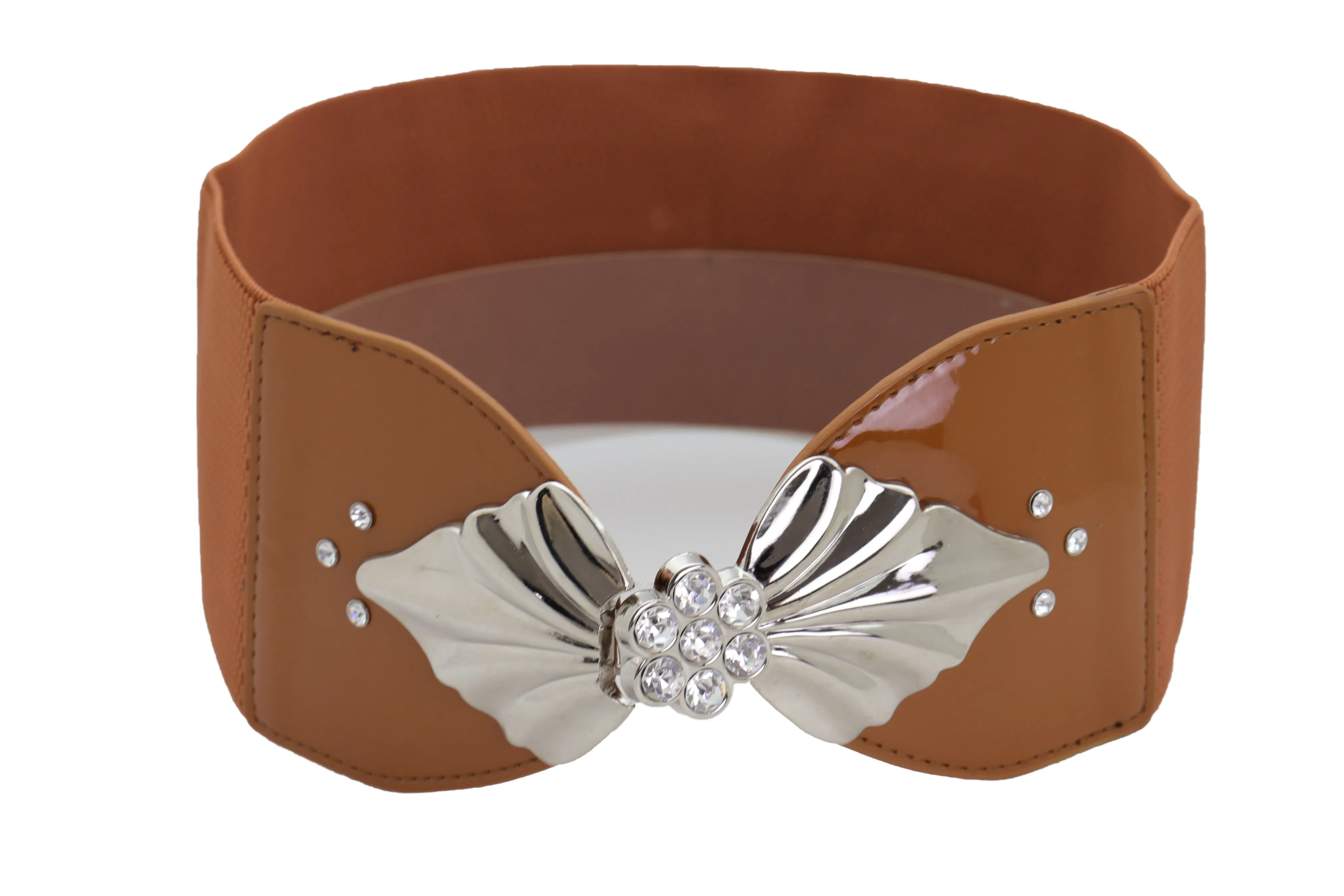 High Waist Hip Wide Elastic Brown Belt Silver Metal Leaf Buckle Size S M