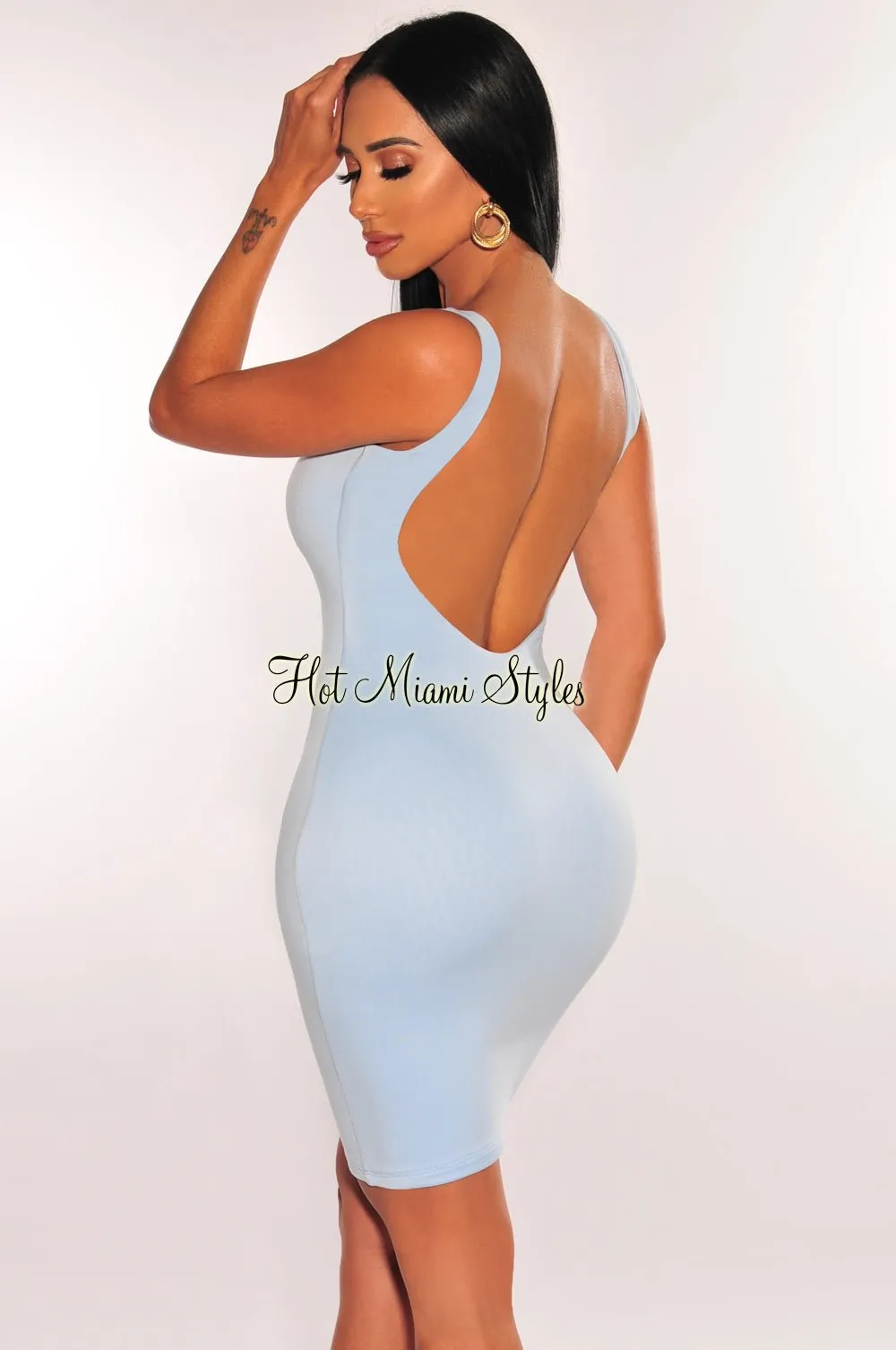 HMS Essential: Baby Blue Sleeveless Round Neck Scoop Back Mini Dress