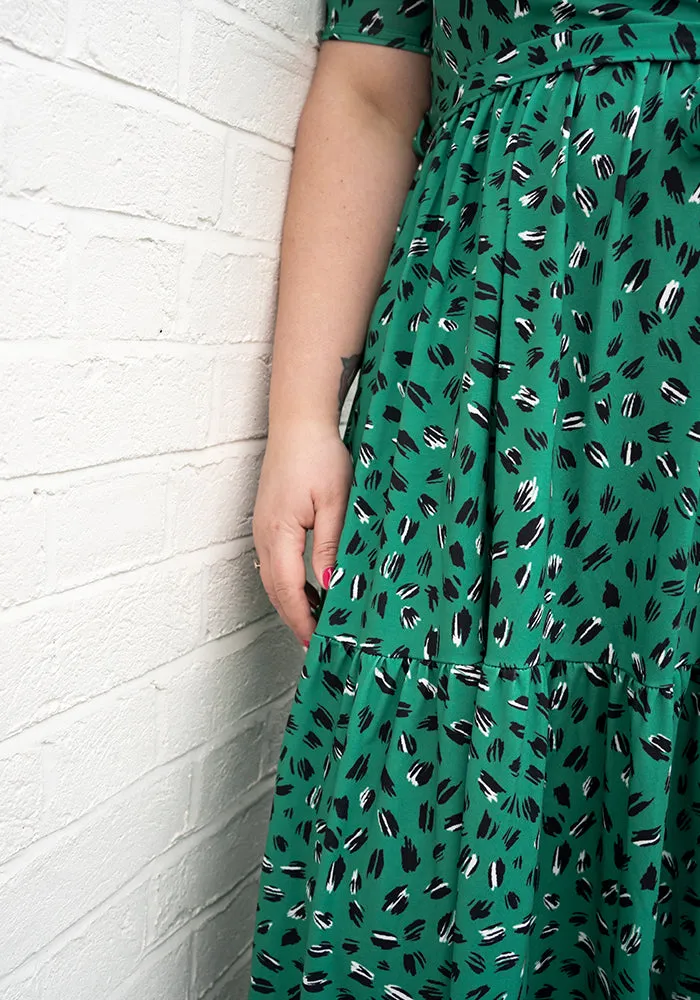 Jago Green Scribble Print Tiered Hem Midaxi Dress