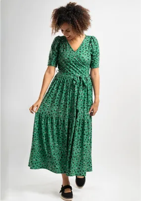 Jago Green Scribble Print Tiered Hem Midaxi Dress