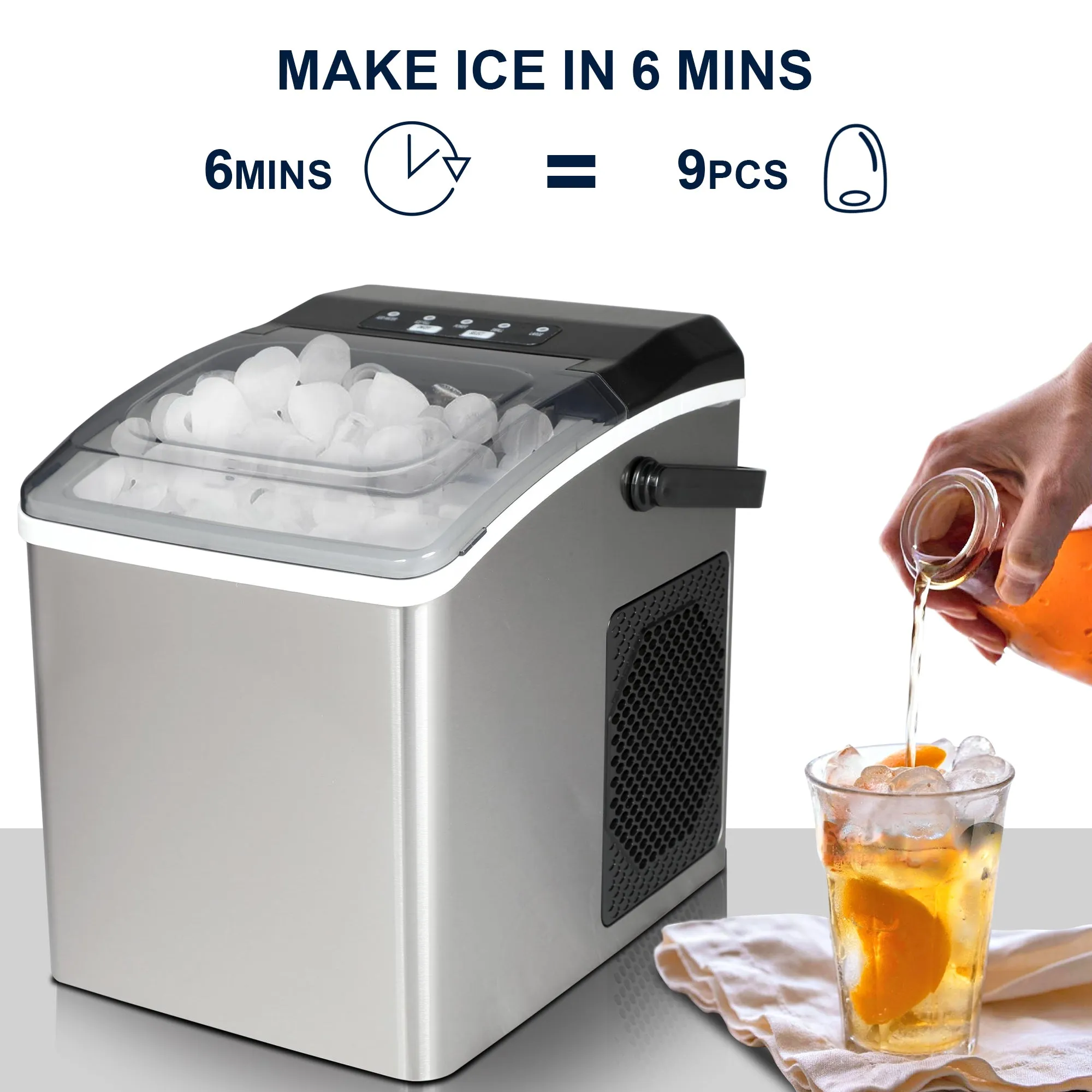 Koolatron Countertop Ice Machine | Portable Ice Maker | 26Lbs/24Hrs | 9 Ice Cubes Ready in 6 Mins | 2 Sizes Of Ice Pellets | Ice Scoop & Basket Included | Self-Cleaning | Stainless Steel