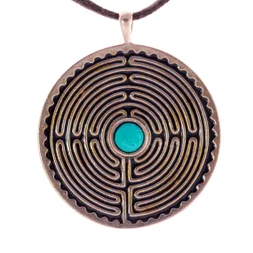 Labyrinth Peace Bronze Pendant Necklace with 6mm TibetanTurquoise Gemstone on Adjustable Natural Fiber Cord (Wholesale)