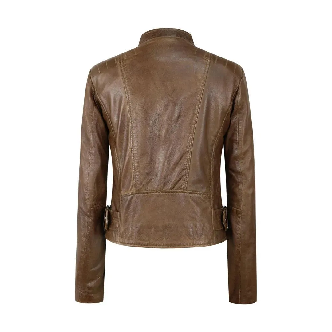 Ladies Real Leather Jacket Cross Zip Brando Nehru Collarless Soft Slim Fit