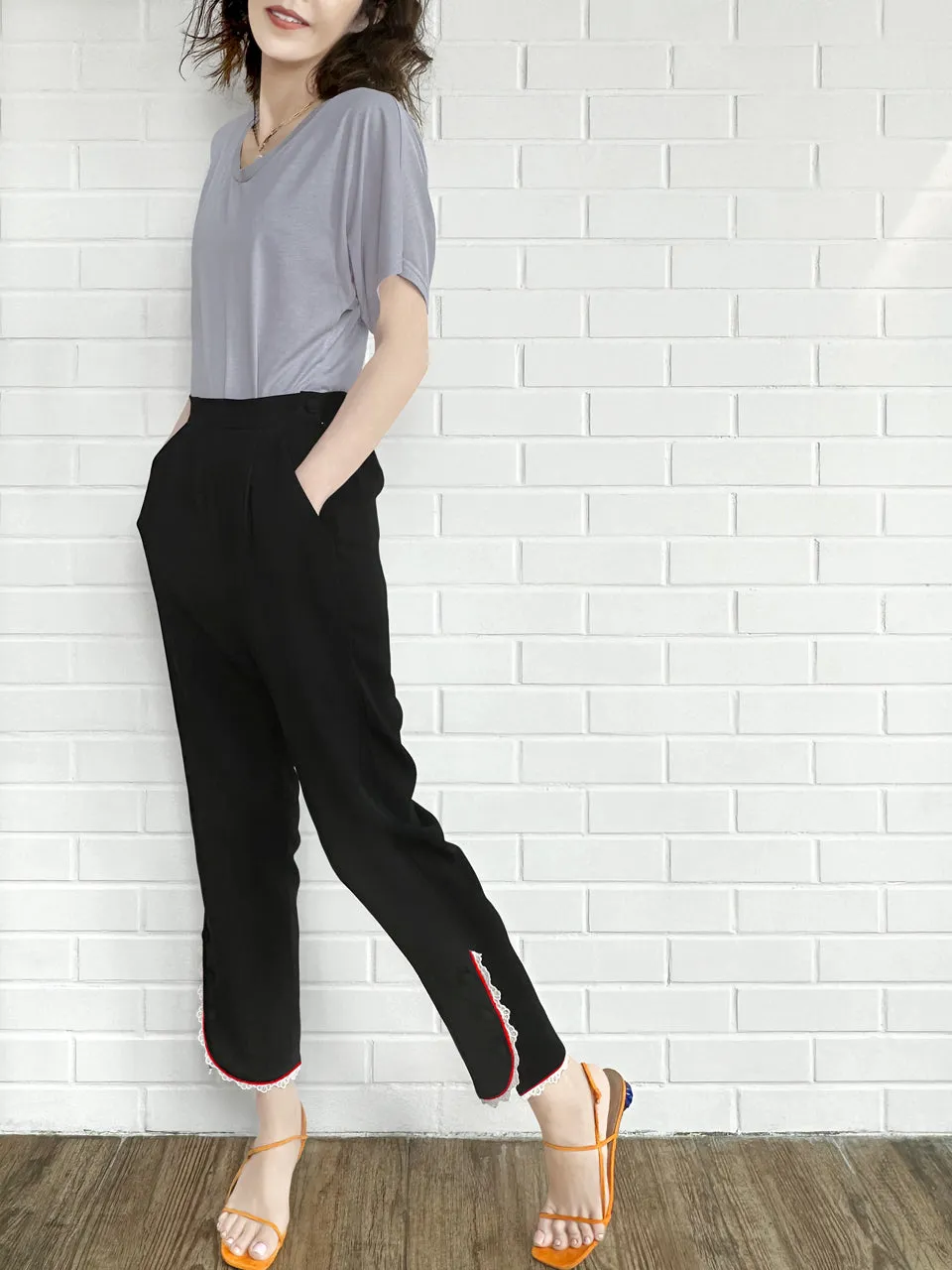 Last Chance! Black Contrast Piping Lace Detail Tapered Ankle Trousers