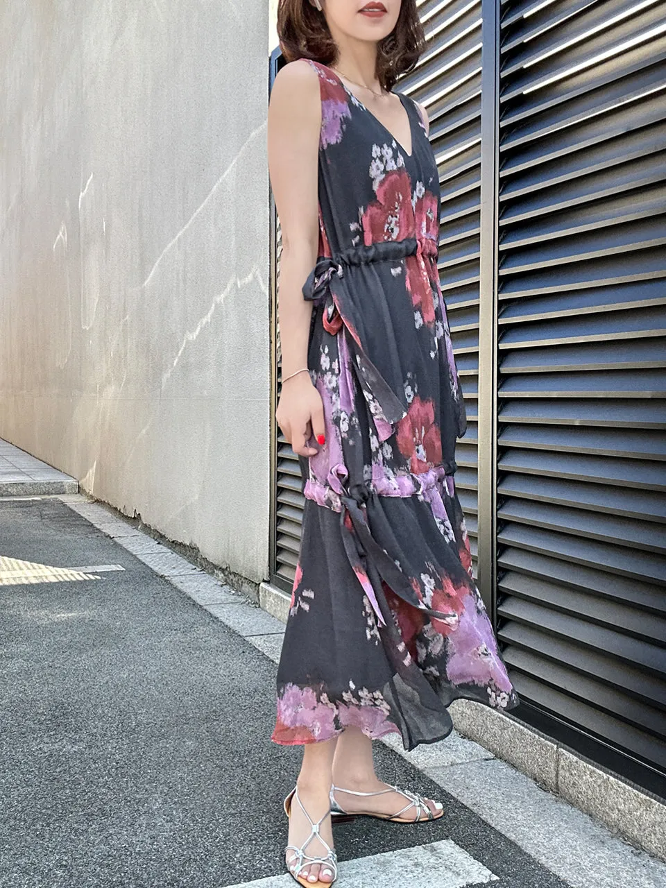 Last Chance! Purple Floral Side Adjusted Tiers Cinched Panel Maxi-Dress