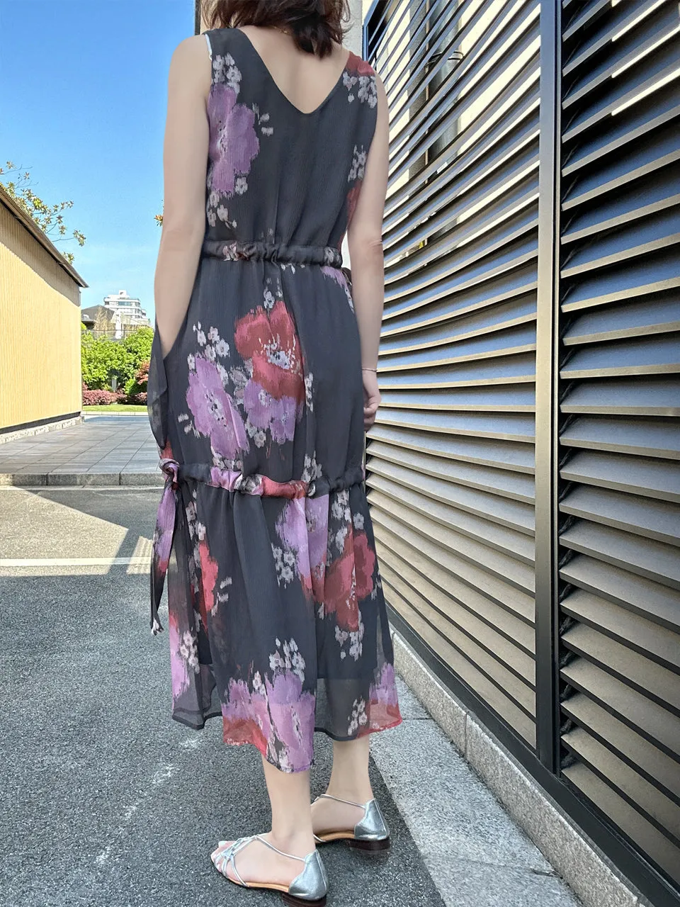 Last Chance! Purple Floral Side Adjusted Tiers Cinched Panel Maxi-Dress