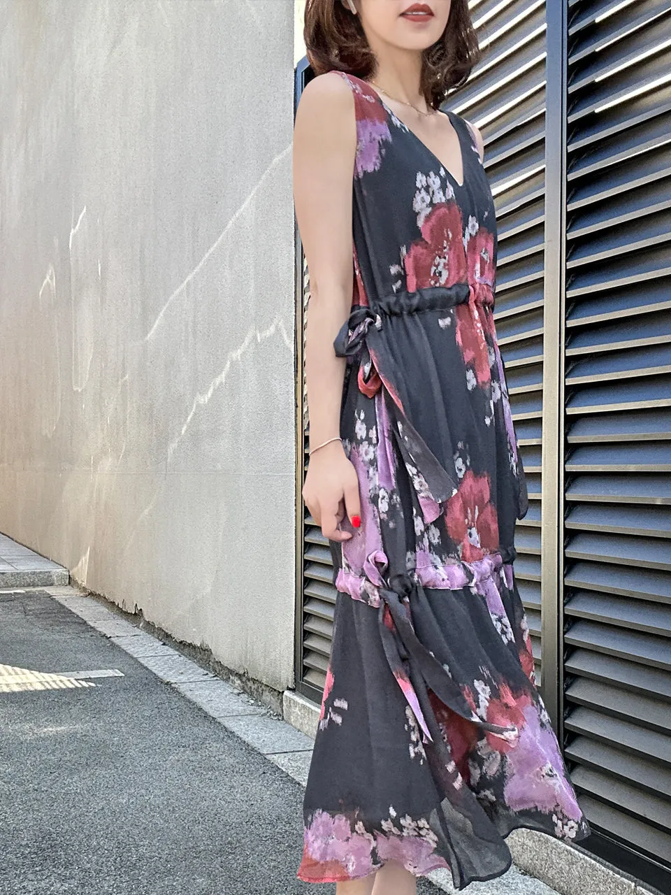 Last Chance! Purple Floral Side Adjusted Tiers Cinched Panel Maxi-Dress