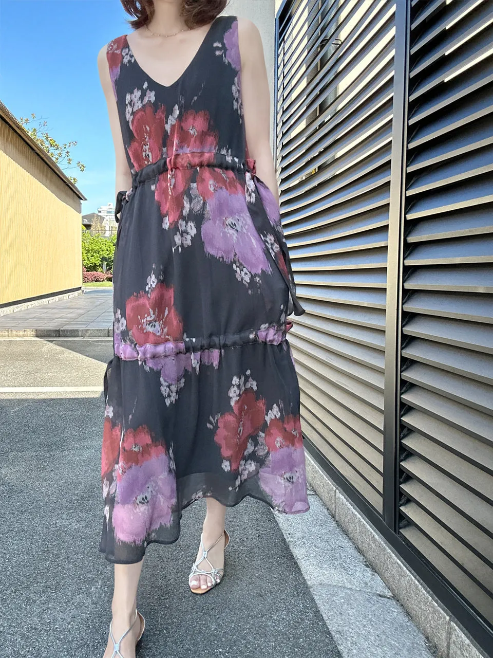 Last Chance! Purple Floral Side Adjusted Tiers Cinched Panel Maxi-Dress