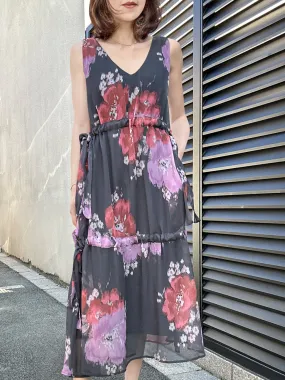 Last Chance! Purple Floral Side Adjusted Tiers Cinched Panel Maxi-Dress