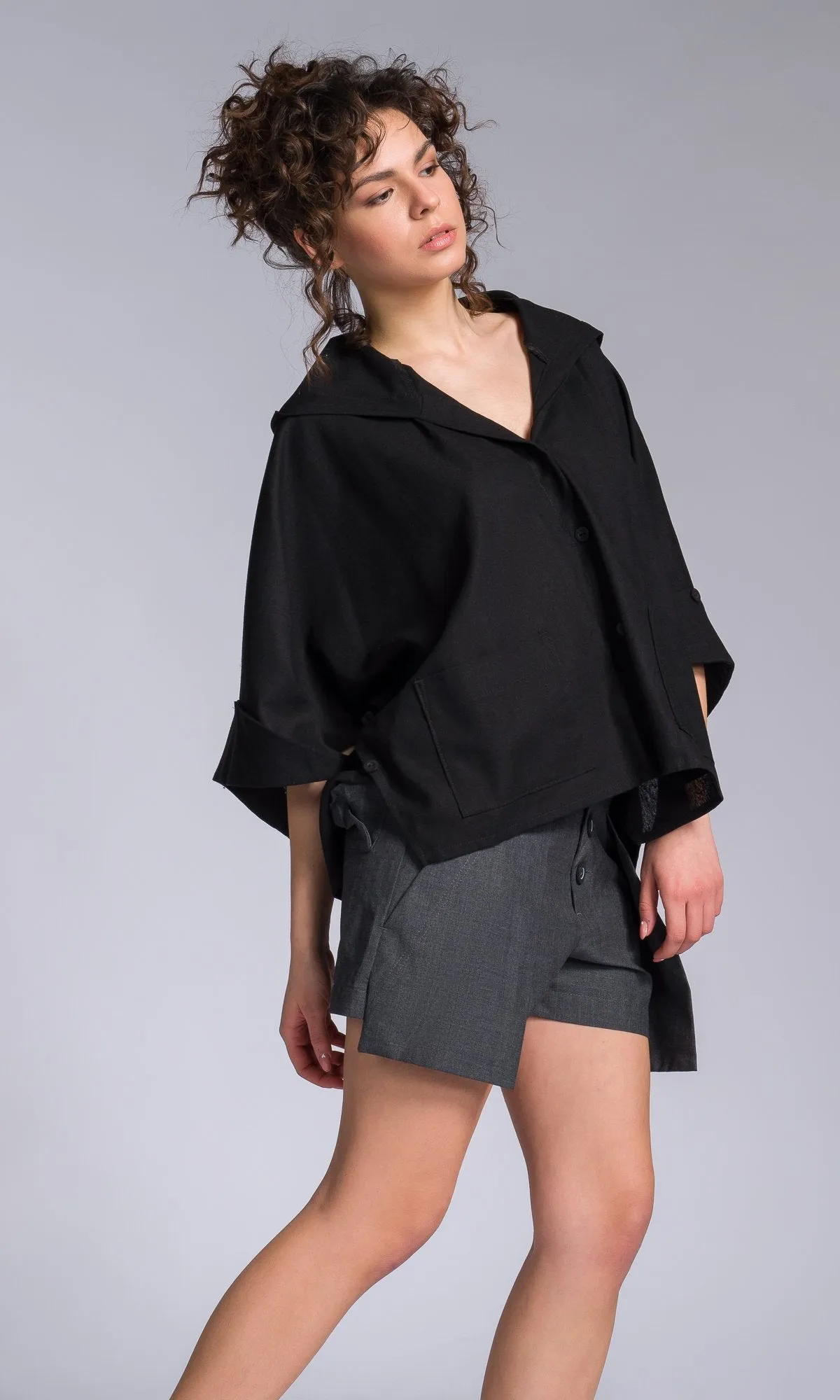 Linen Hooded Batwing Shirt