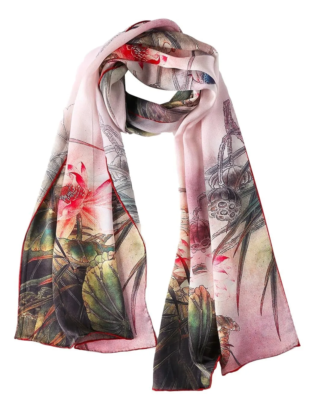 Long Charmeuse Silk Scarf Green and Red Lotus Flower and Kingfisher Bird Print DCC104