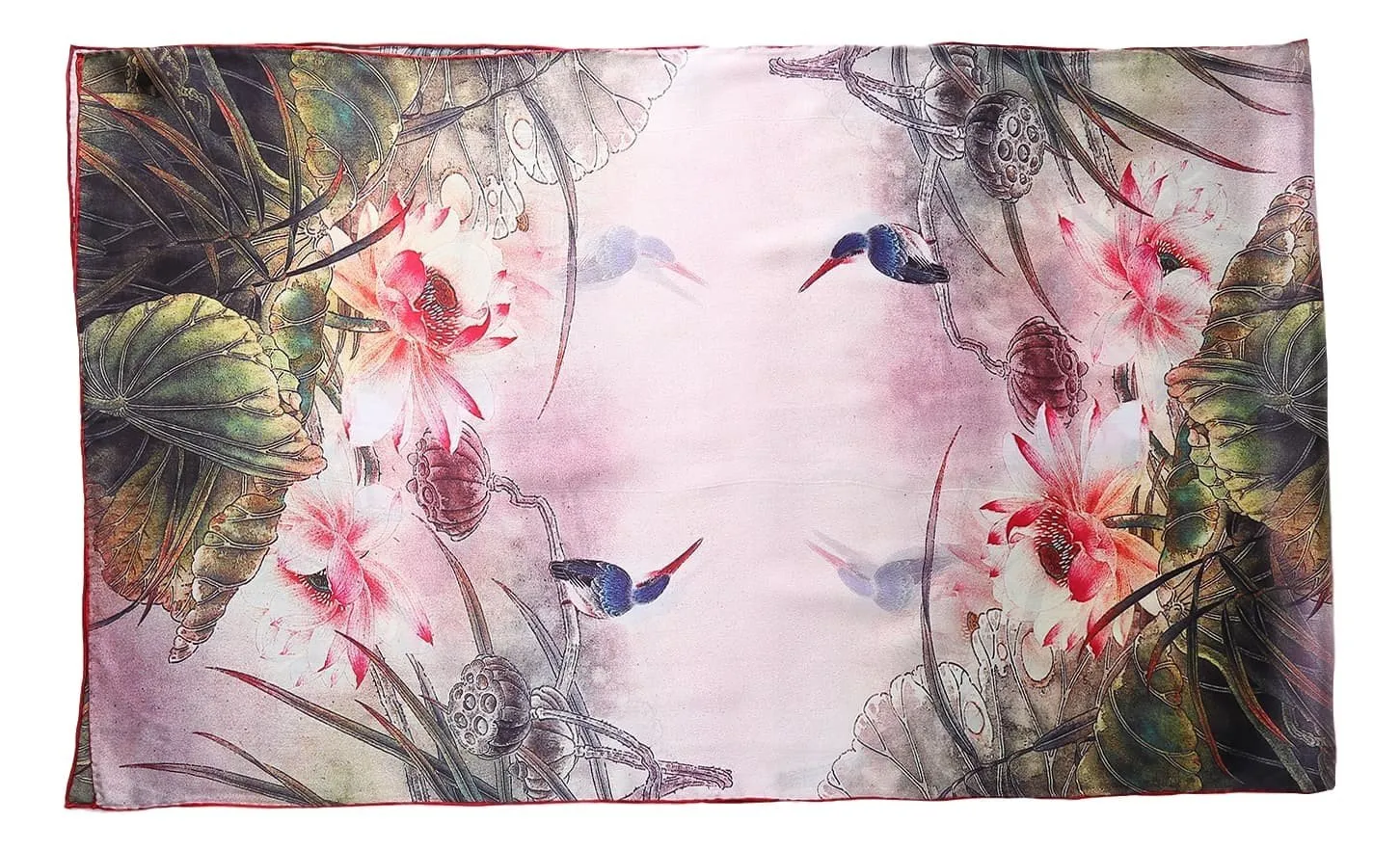 Long Charmeuse Silk Scarf Green and Red Lotus Flower and Kingfisher Bird Print DCC104