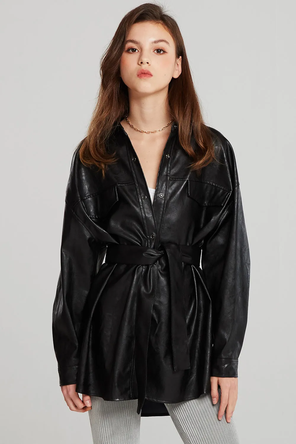 Louise Oversized Pleather Shirt w/Belt