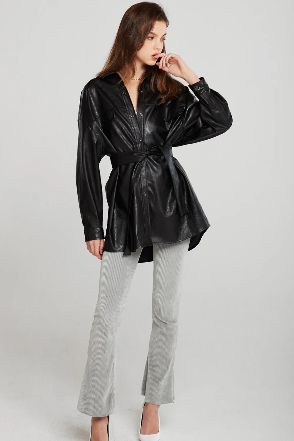 Louise Oversized Pleather Shirt w/Belt