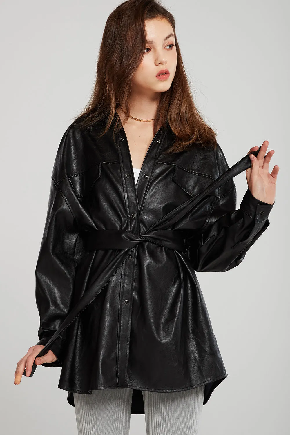 Louise Oversized Pleather Shirt w/Belt