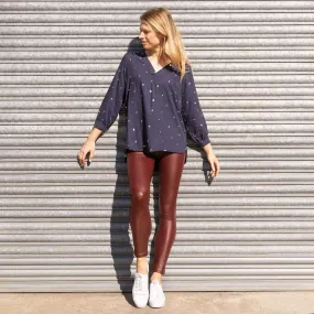 M&Co Stylish Wet Look Leggings in Navy and Berry Red