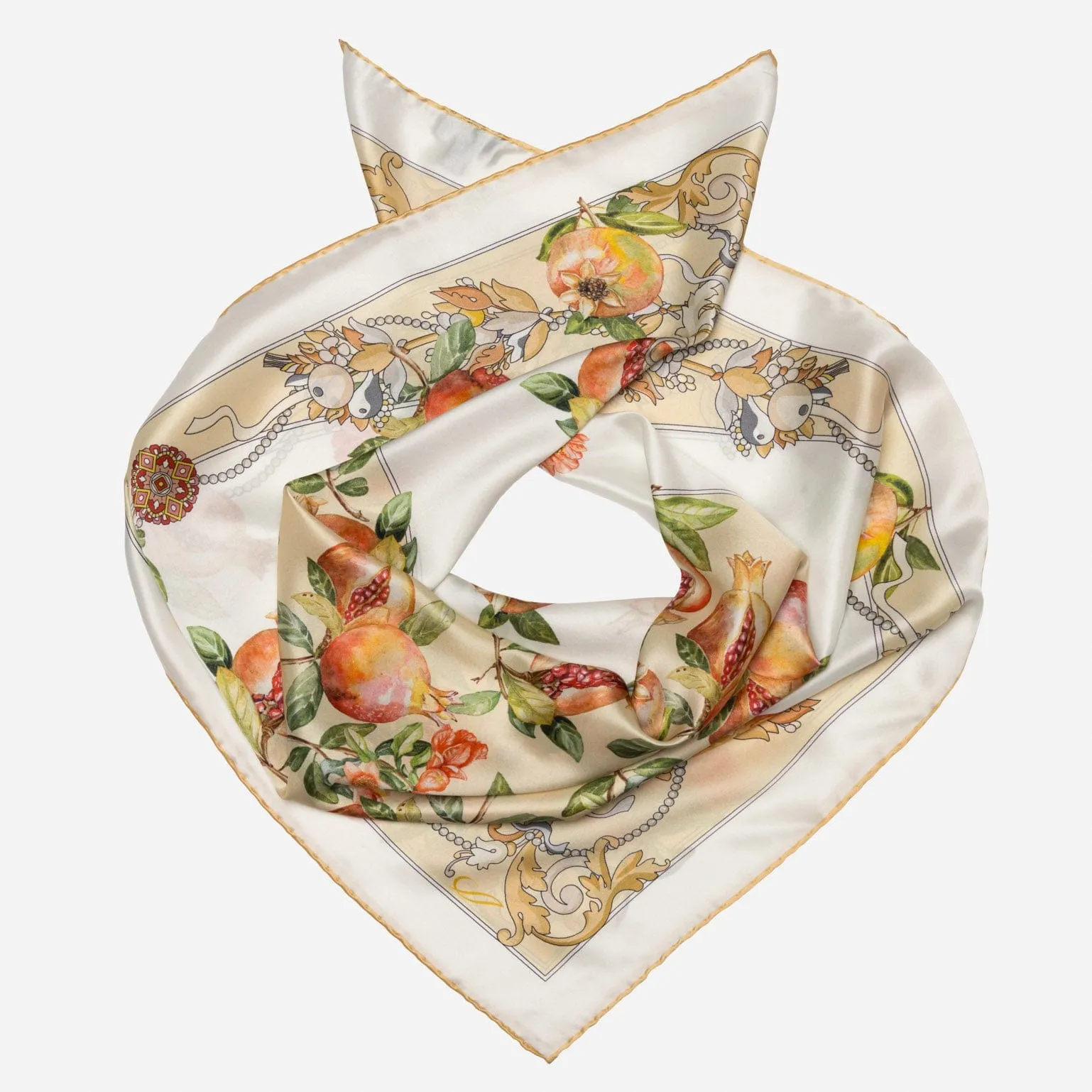 Melograno - Hand Rolled Silk Foulard - White Gold