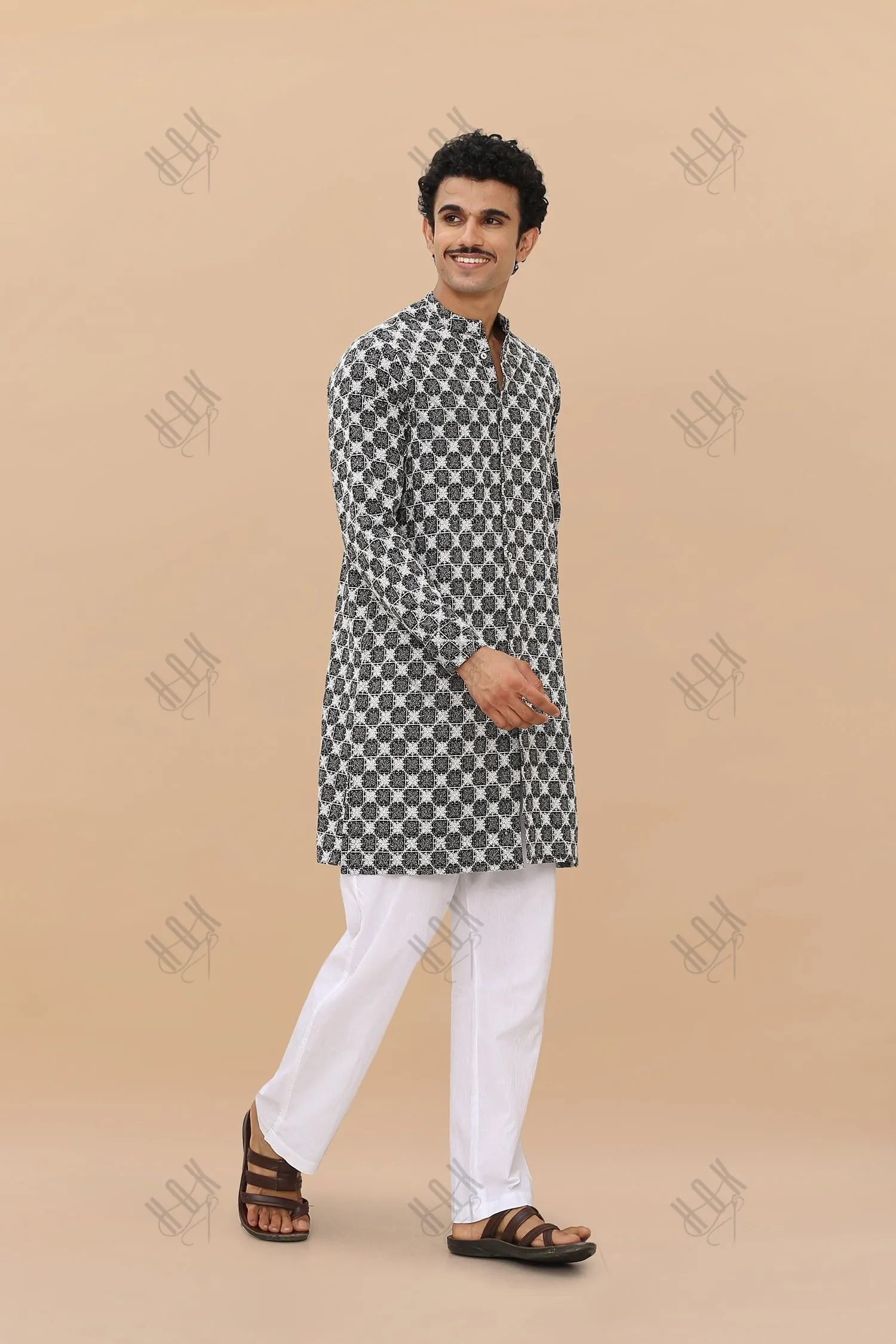 Men's Kurta In Jacquard With Embroidery - Black And White