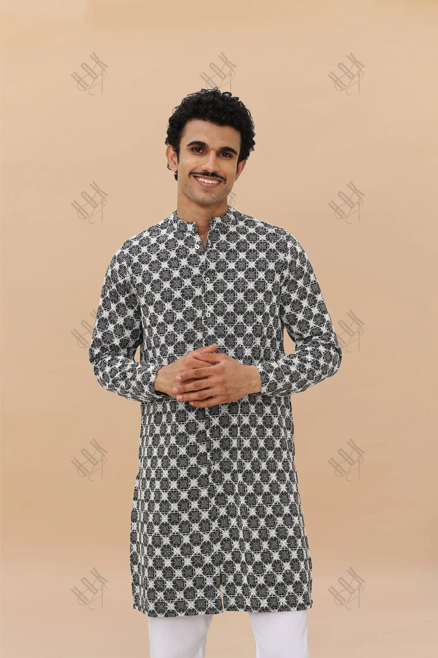 Men's Kurta In Jacquard With Embroidery - Black And White