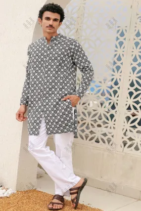 Men's Kurta In Jacquard With Embroidery - Black And White