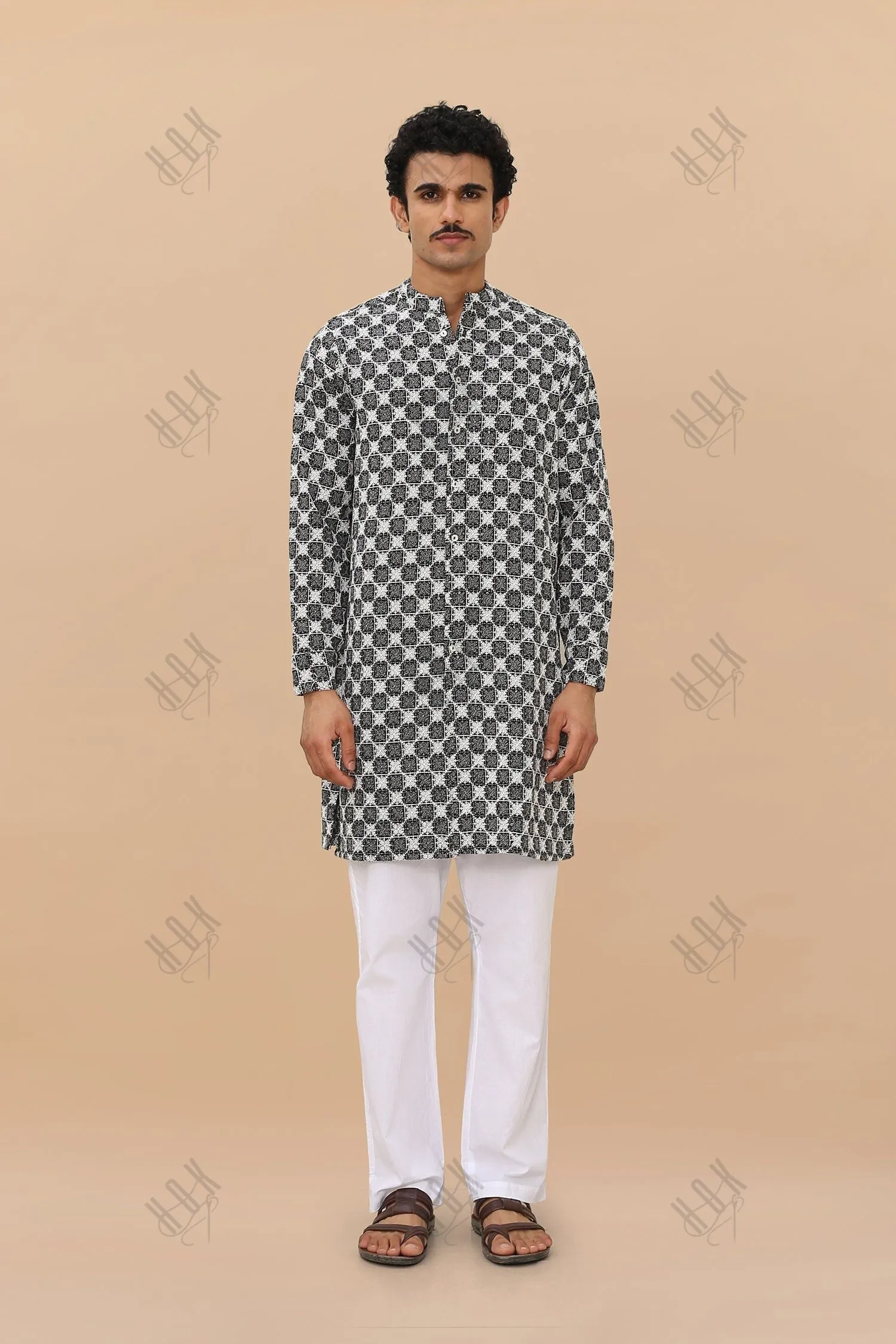 Men's Kurta In Jacquard With Embroidery - Black And White