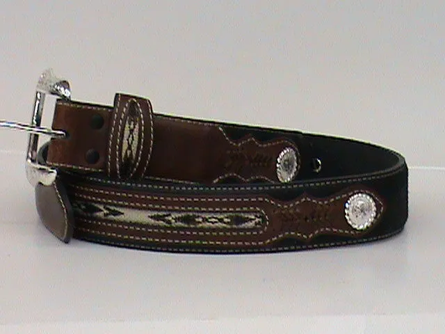 Men's Nocona Black & Brown Leather Belt w/ Aztec Fabric Inlay & Conchos