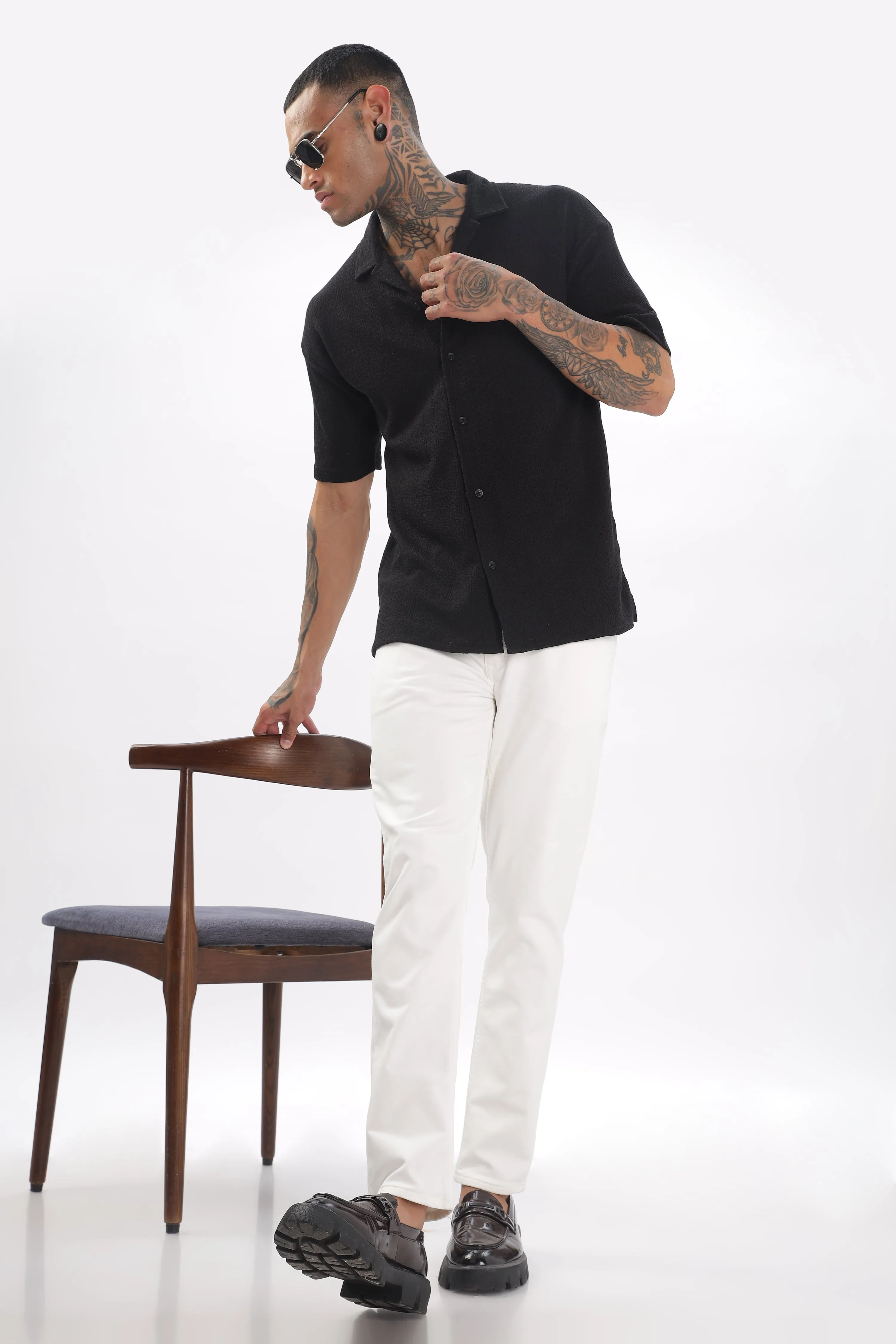 Midnight Breeze Cuban Collar Black  Shirt