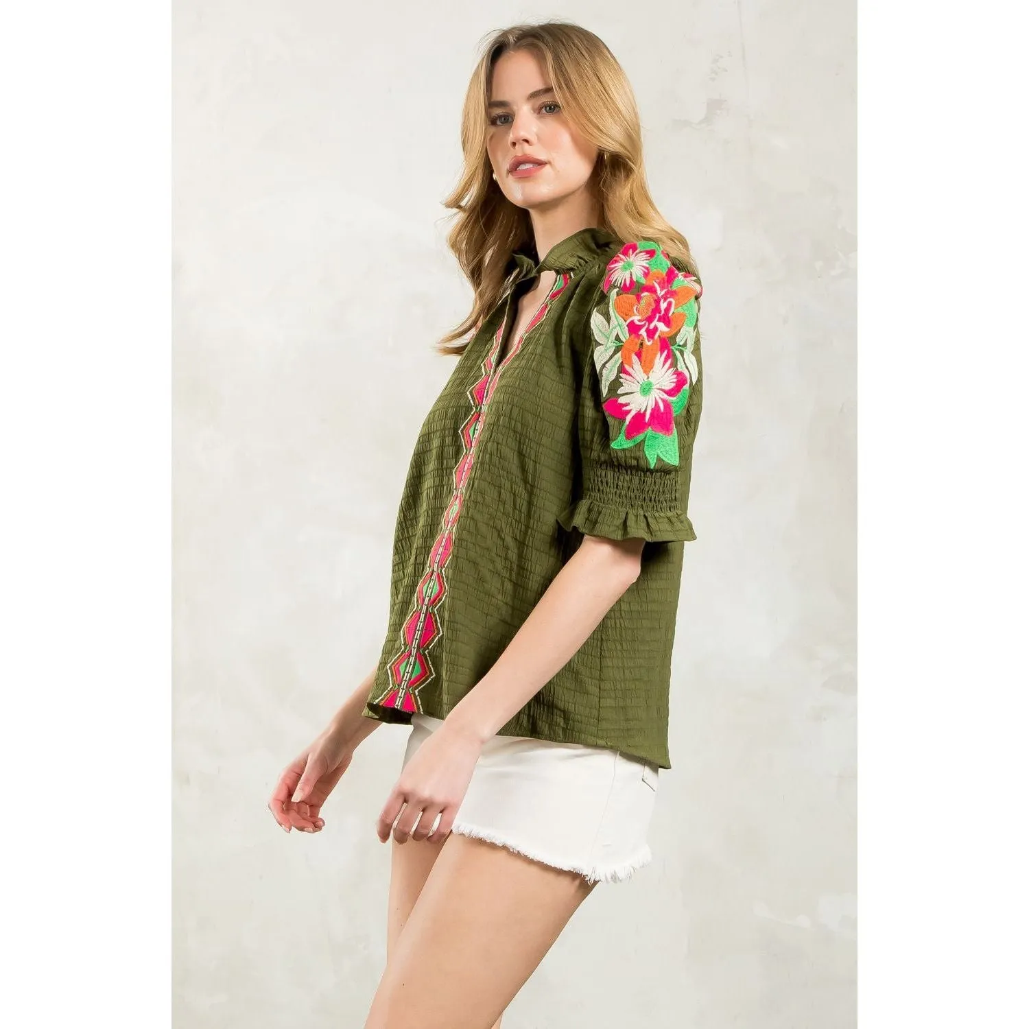 Morgan Embroidered Puff Sleeve Textured THML Top