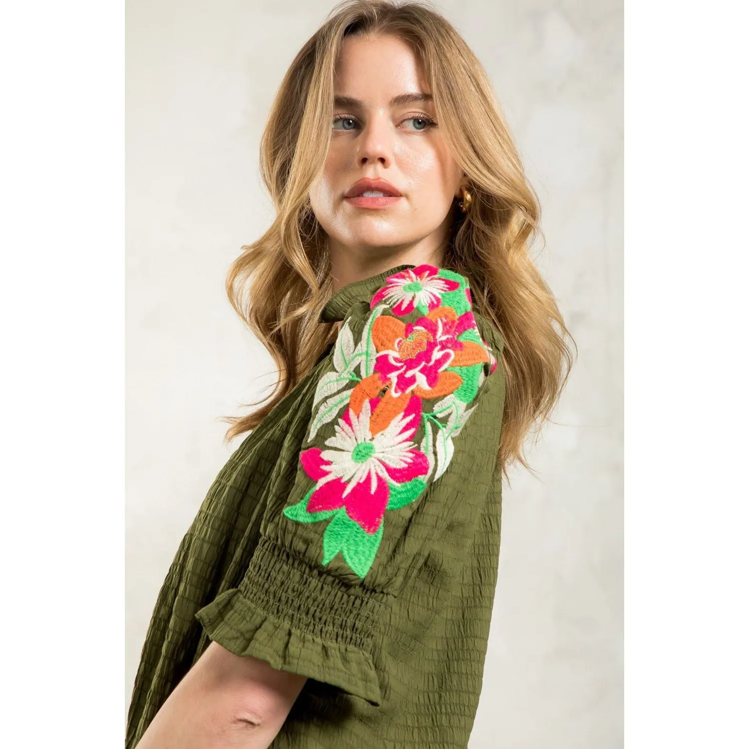 Morgan Embroidered Puff Sleeve Textured THML Top