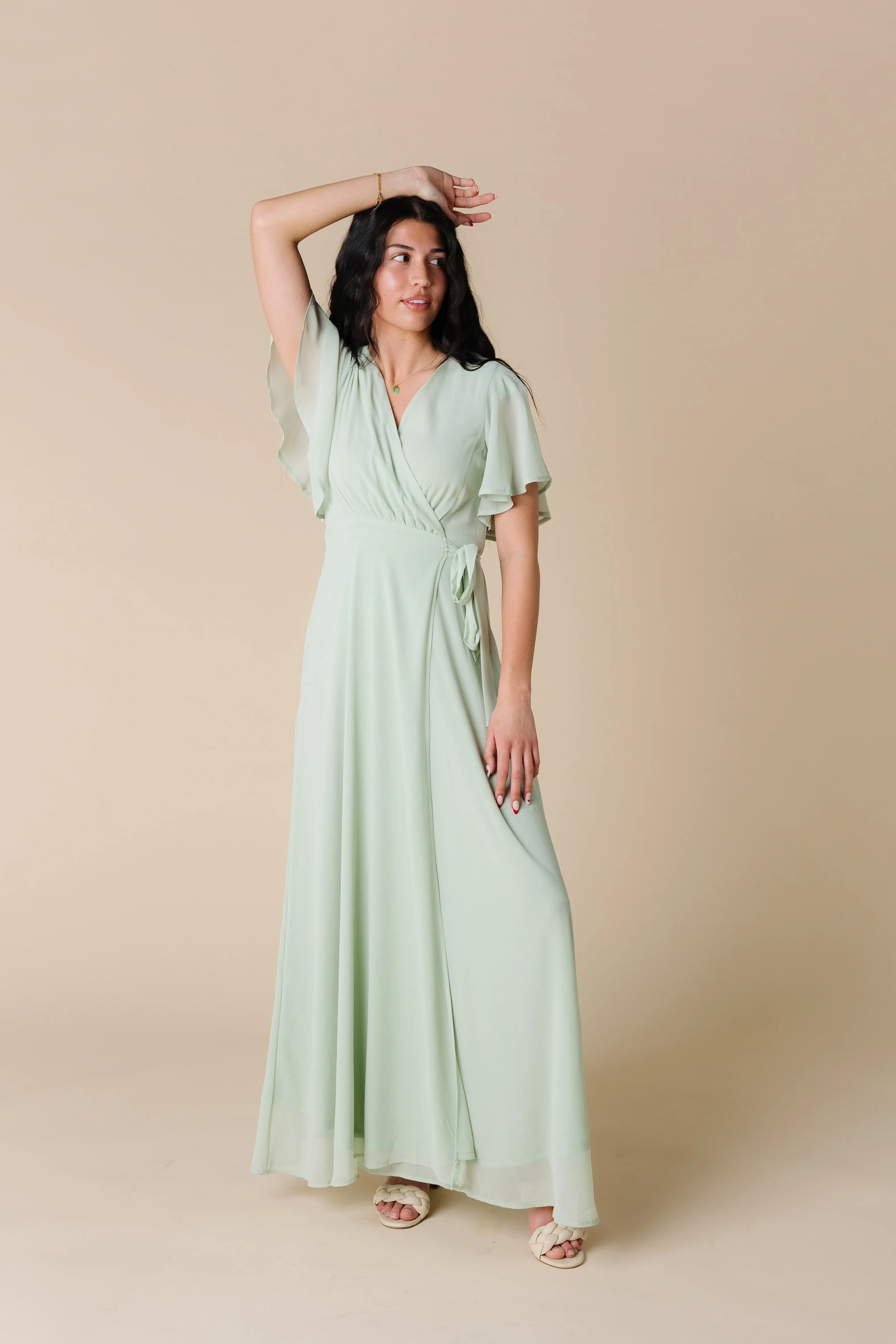 Naples Flutter Sleeve Wrap Dress - Lt Sage